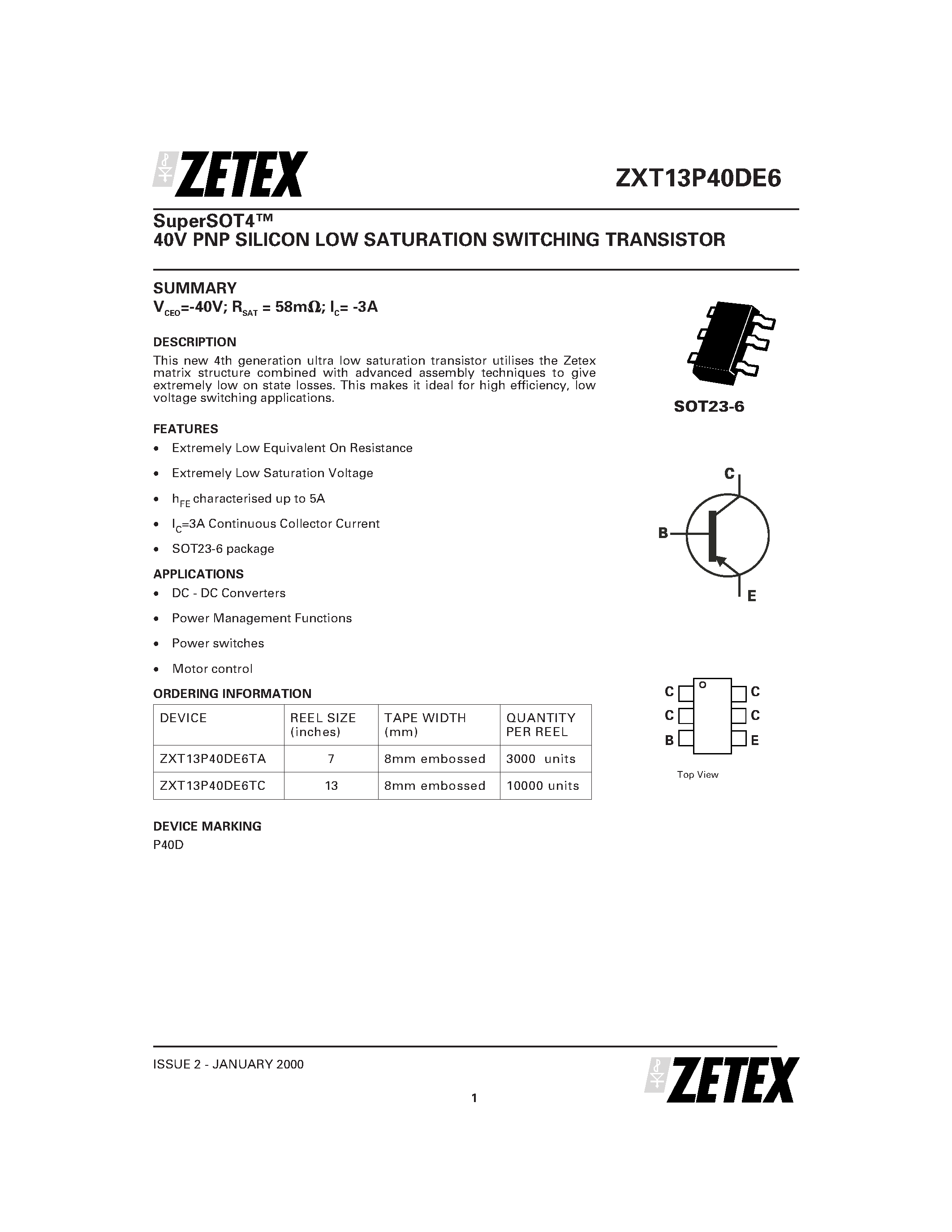 Даташит ZXT13P40DE6 - 40V PNP SILICON LOW SATURATION SWITCHING TRANSISTOR страница 1