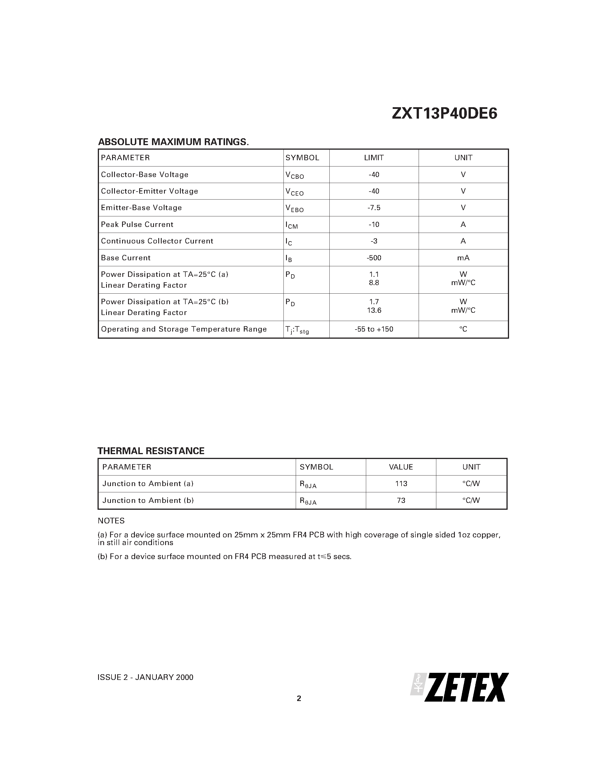 Даташит ZXT13P40DE6 - 40V PNP SILICON LOW SATURATION SWITCHING TRANSISTOR страница 2
