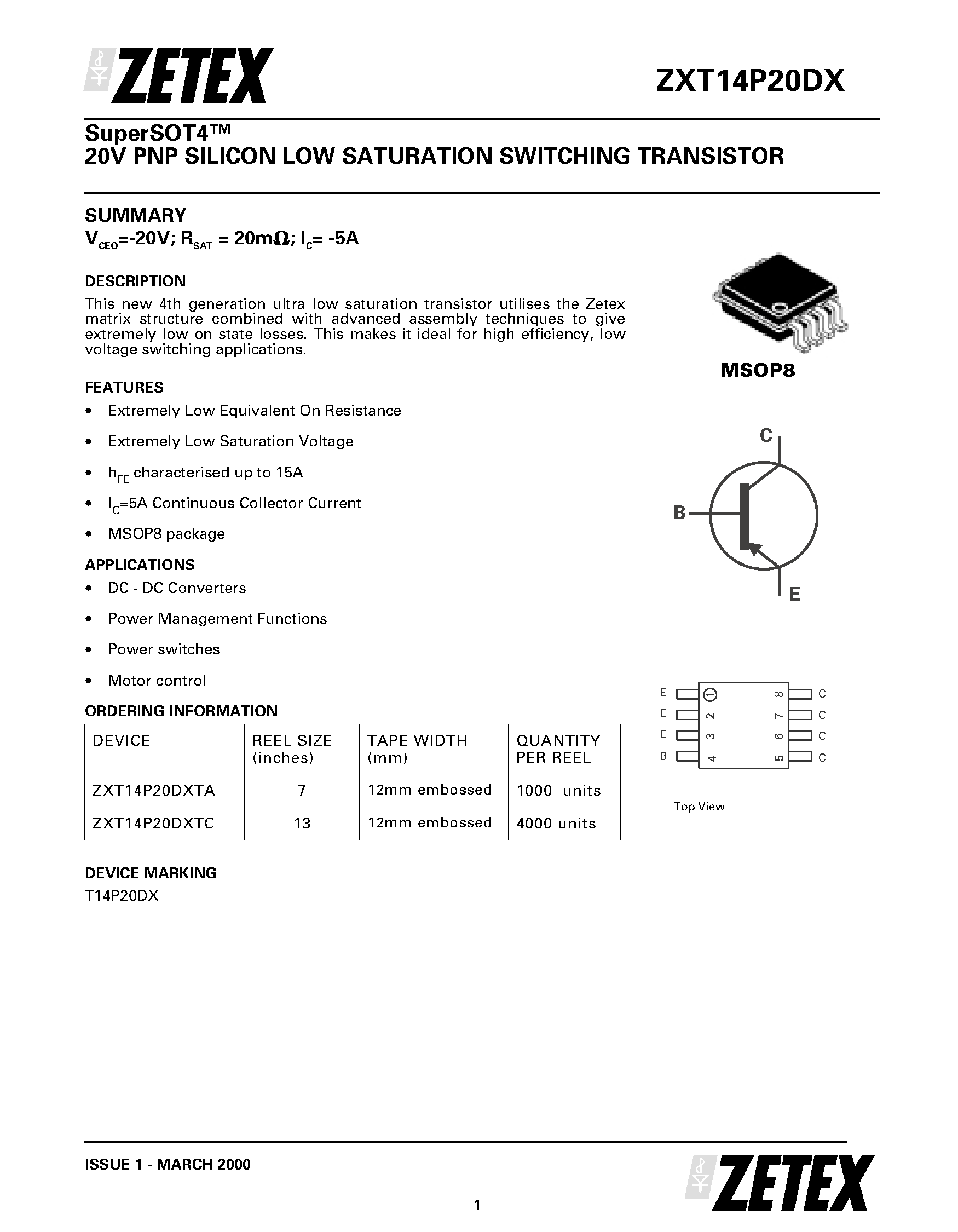 Даташит ZXT14P20DX - 20V PNP SILICON LOW SATURATION SWITCHING TRANSISTOR страница 1