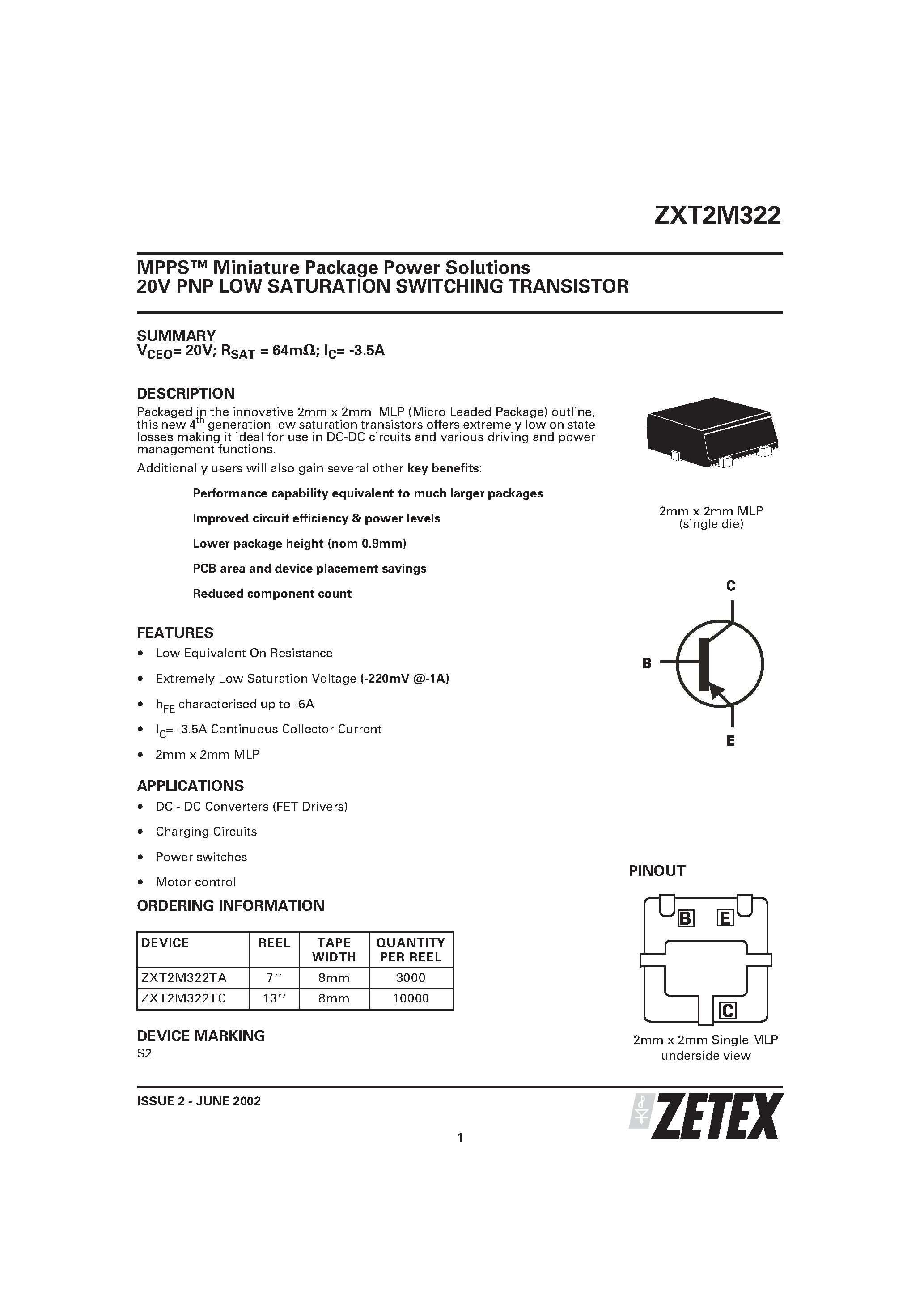 Даташит ZXT2M322 - MPPS Miniature Package Power Solutions 20V PNP LOW SATURATION SWITCHING TRANSISTOR страница 1