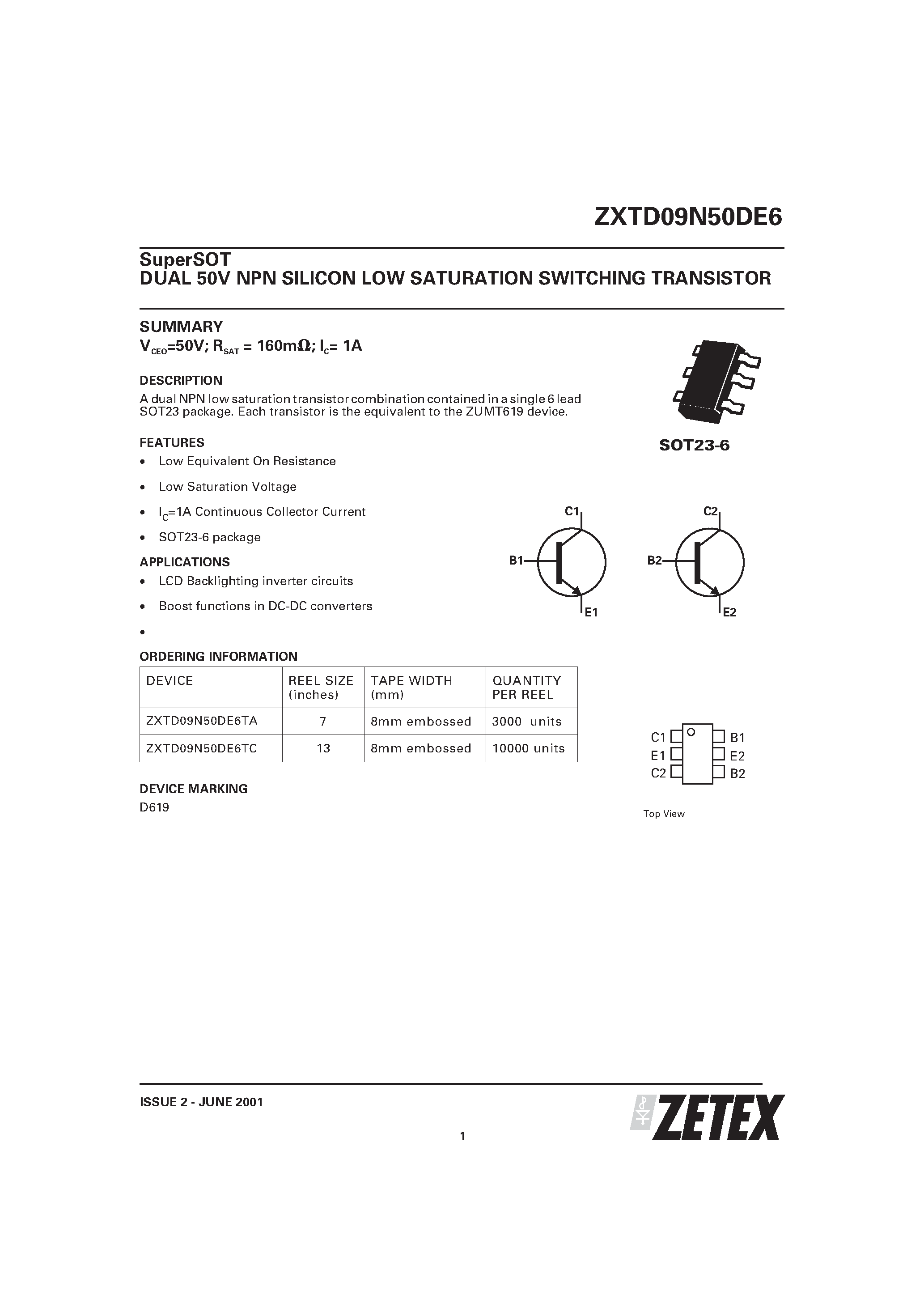 Даташит ZXTD09N50DE6 - DUAL 50V NPN SILICON LOW SATURATION SWITCHING TRANSISTOR страница 1