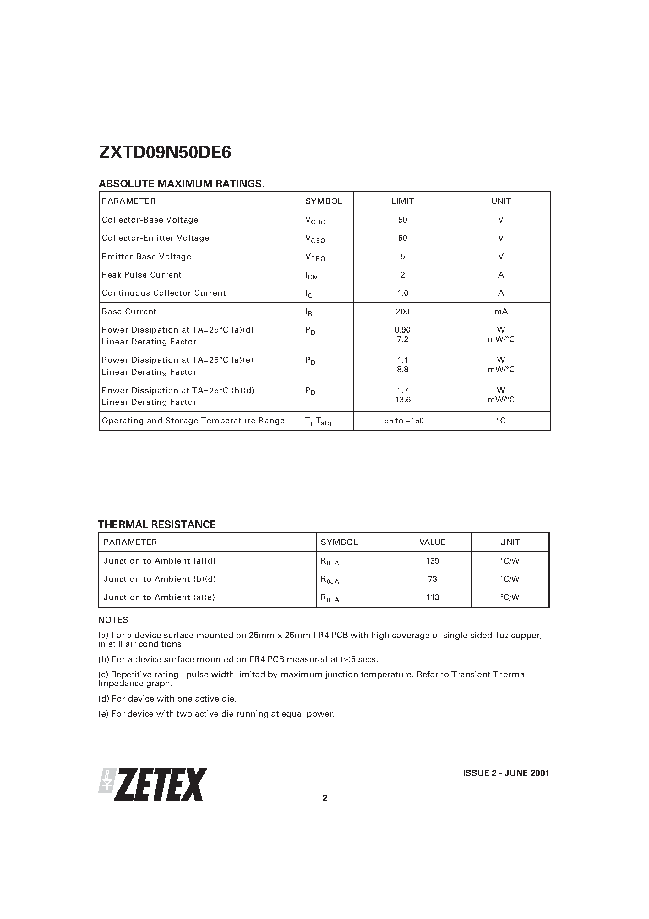 Даташит ZXTD09N50DE6 - DUAL 50V NPN SILICON LOW SATURATION SWITCHING TRANSISTOR страница 2
