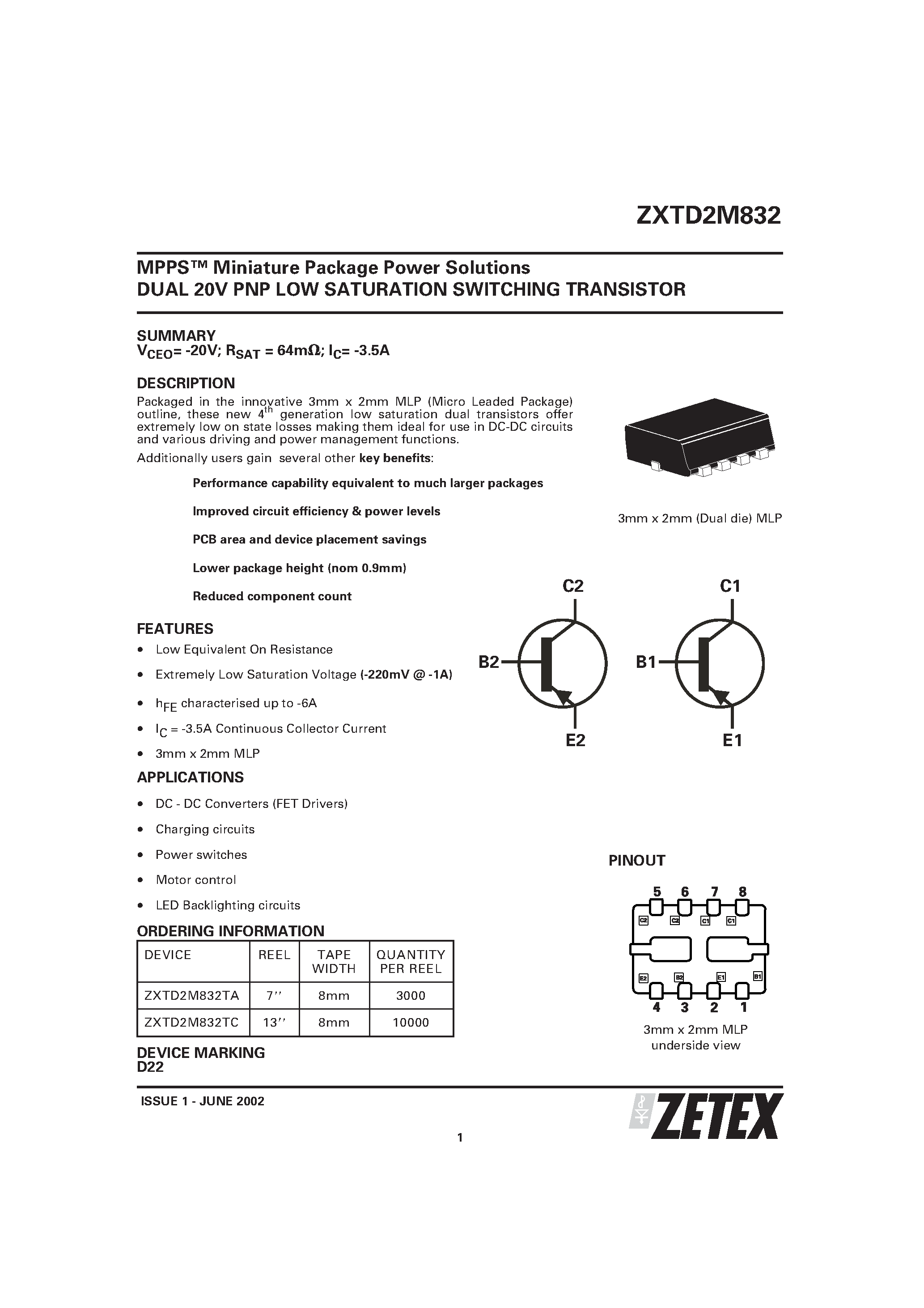 Даташит ZXTD2M832 - MPPS Miniature Package Power Solutions DUAL 20V PNP LOW SATURATION SWITCHING TRANSISTOR страница 1
