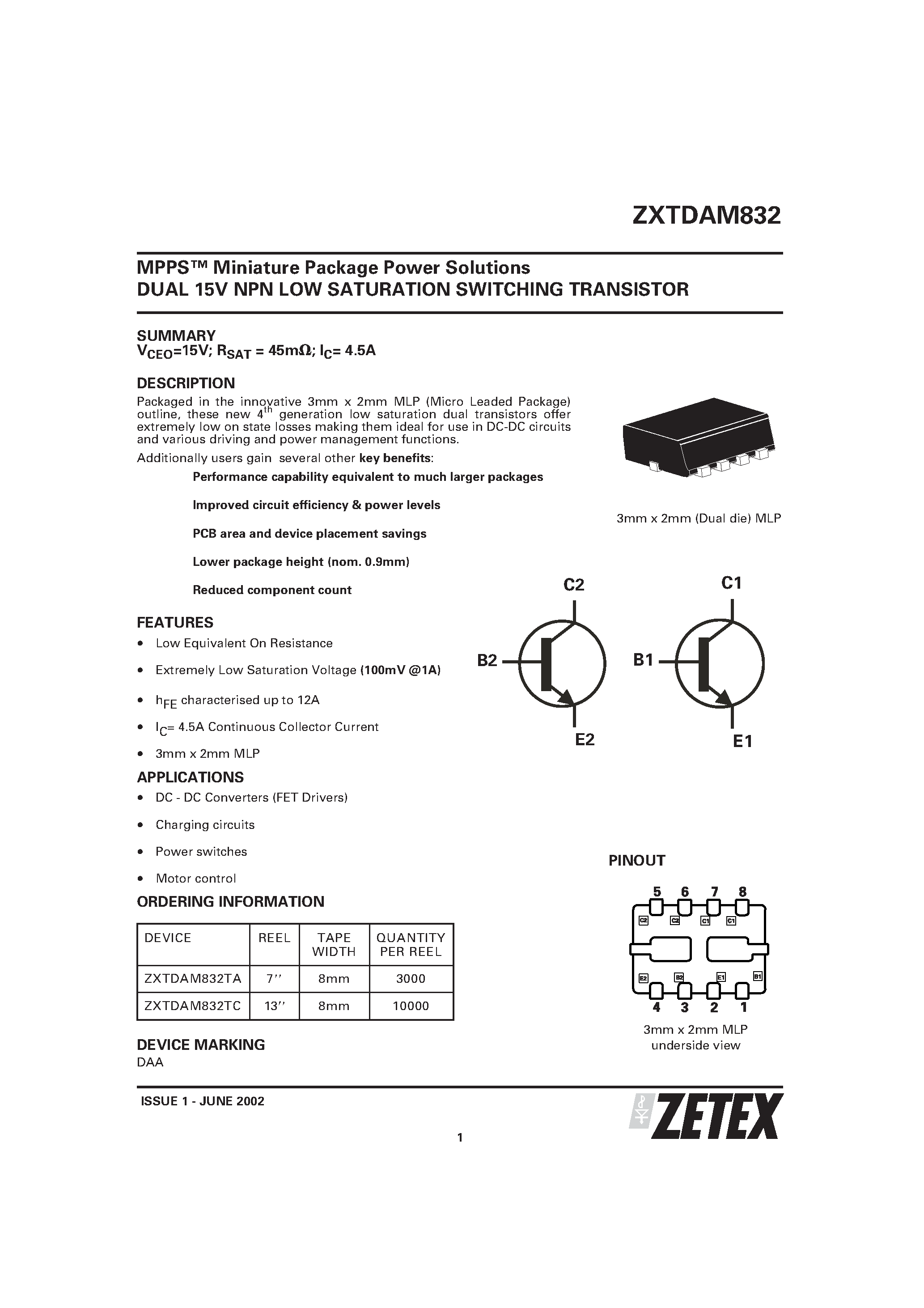 Даташит ZXTDAM832 - MPPS Miniature Package Power Solutions DUAL 15V NPN LOW SATURATION SWITCHING TRANSISTOR страница 1