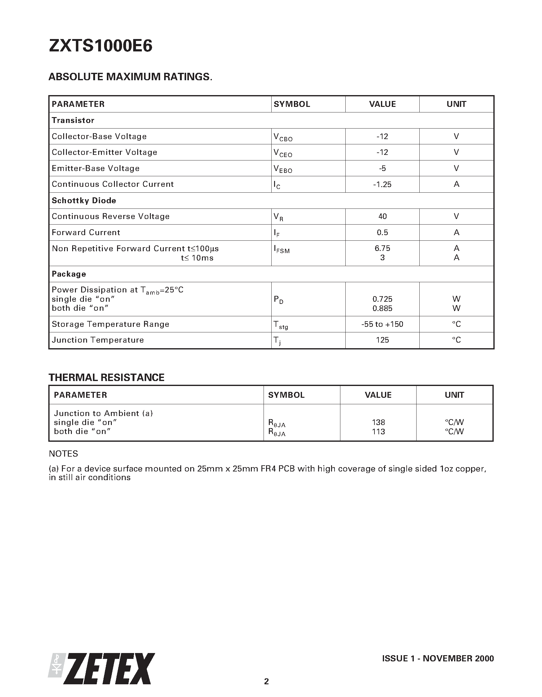 Даташит ZXTS1000E6 - 12V PNP SILICON LOW SATURATION SWITCHING TRANSISTOR AND SCHOTTKY DIODE страница 2