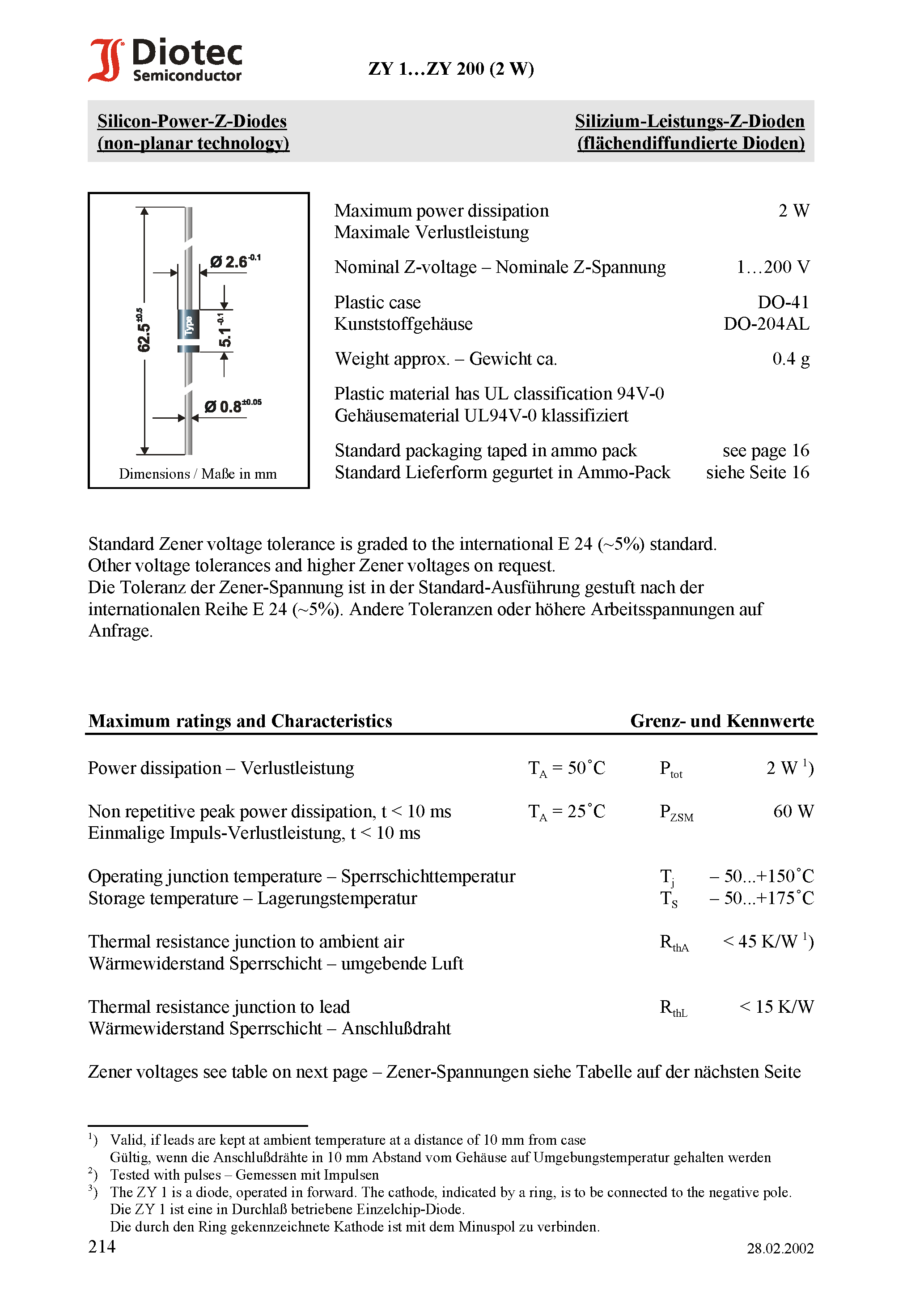 Datasheet ZY100 page 1 Datasheet ZY100 - Silicon-Power-Z-Diodes (non-planar technology) page 1