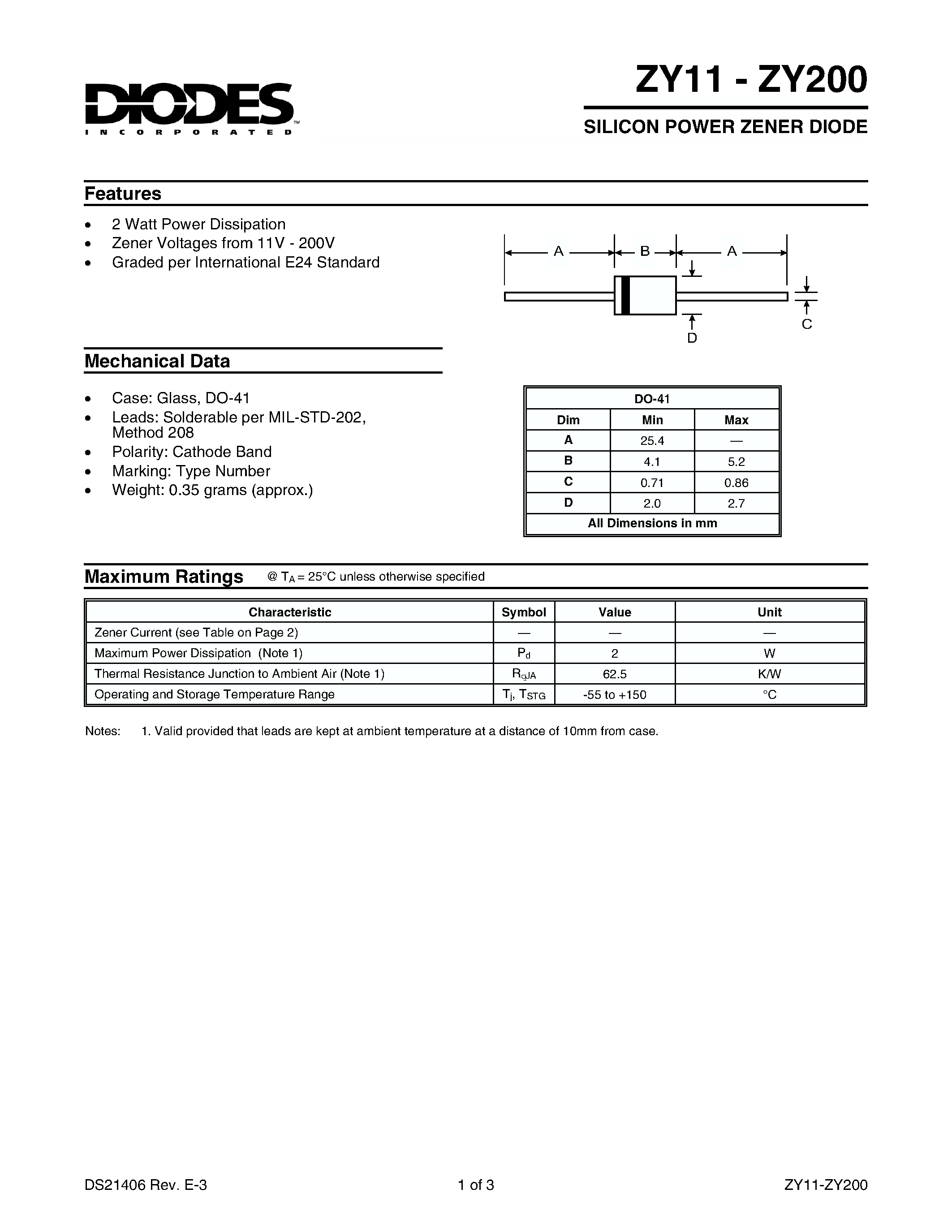 Datasheet ZY13 page 1 Datasheet ZY13 - SILICON POWER ZENER DIODE page 1