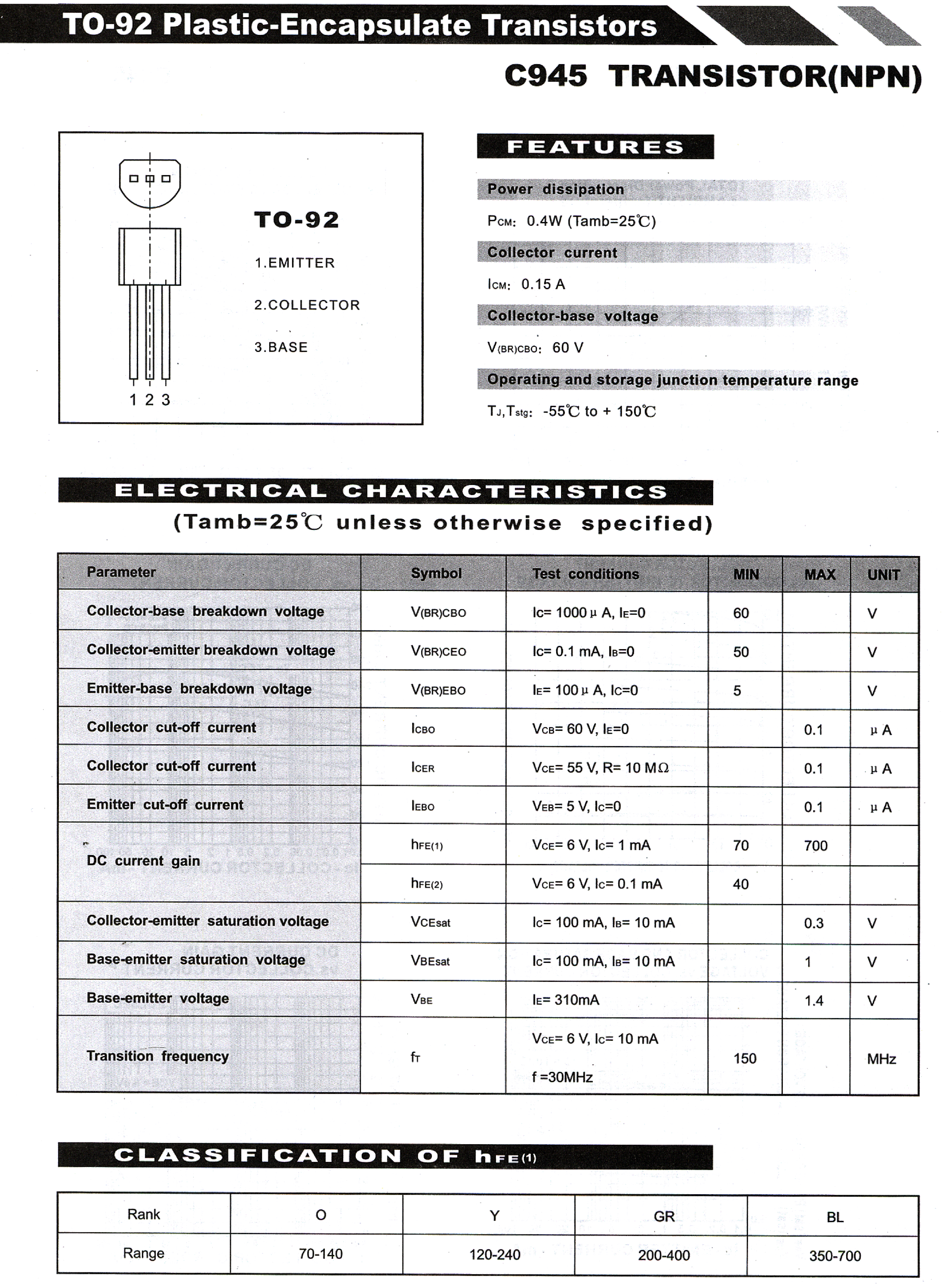 Datasheet C945 page 1 Datasheet C945 - TO-92 Plastic-Encapsulate Transistors page 1