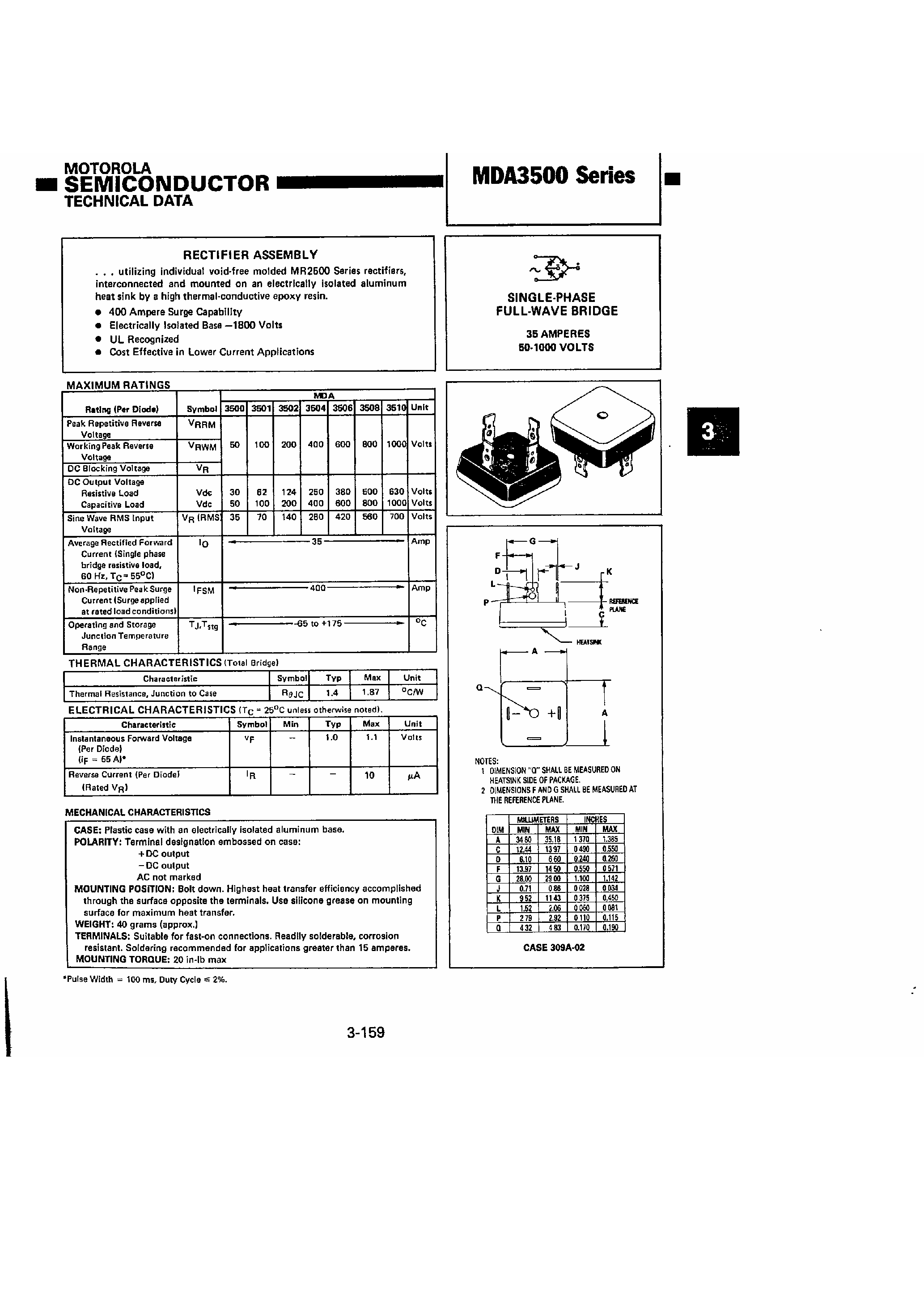 Даташит на микросхему MDA3504 страница 1 Даташит MDA3504 - Single-Phase Full-wave Bridge страница 1