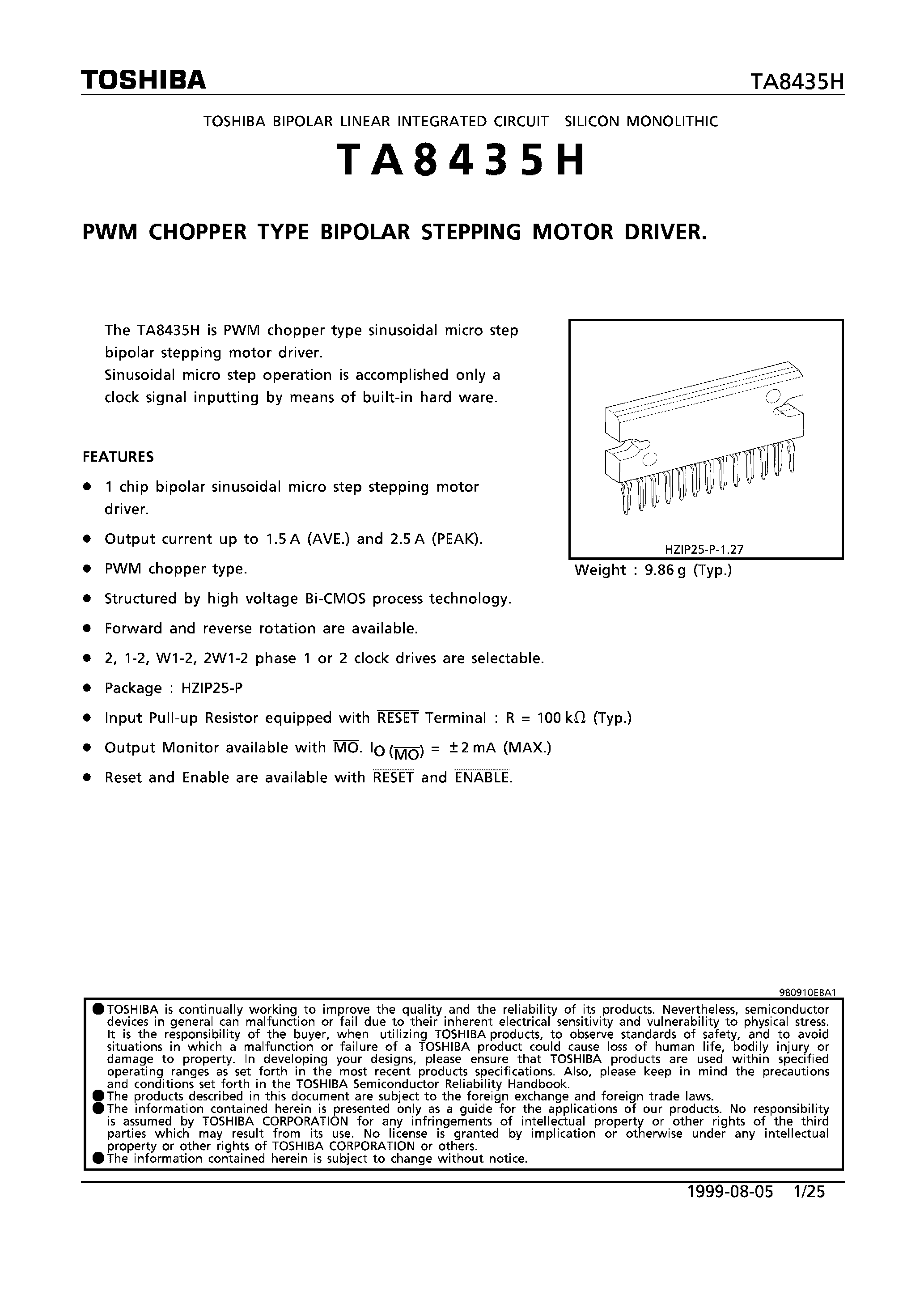 Даташит TA8435 - PWM CHOPPER TYPE BIPOLAR STEPPING MOTOR DRIVER страница 1