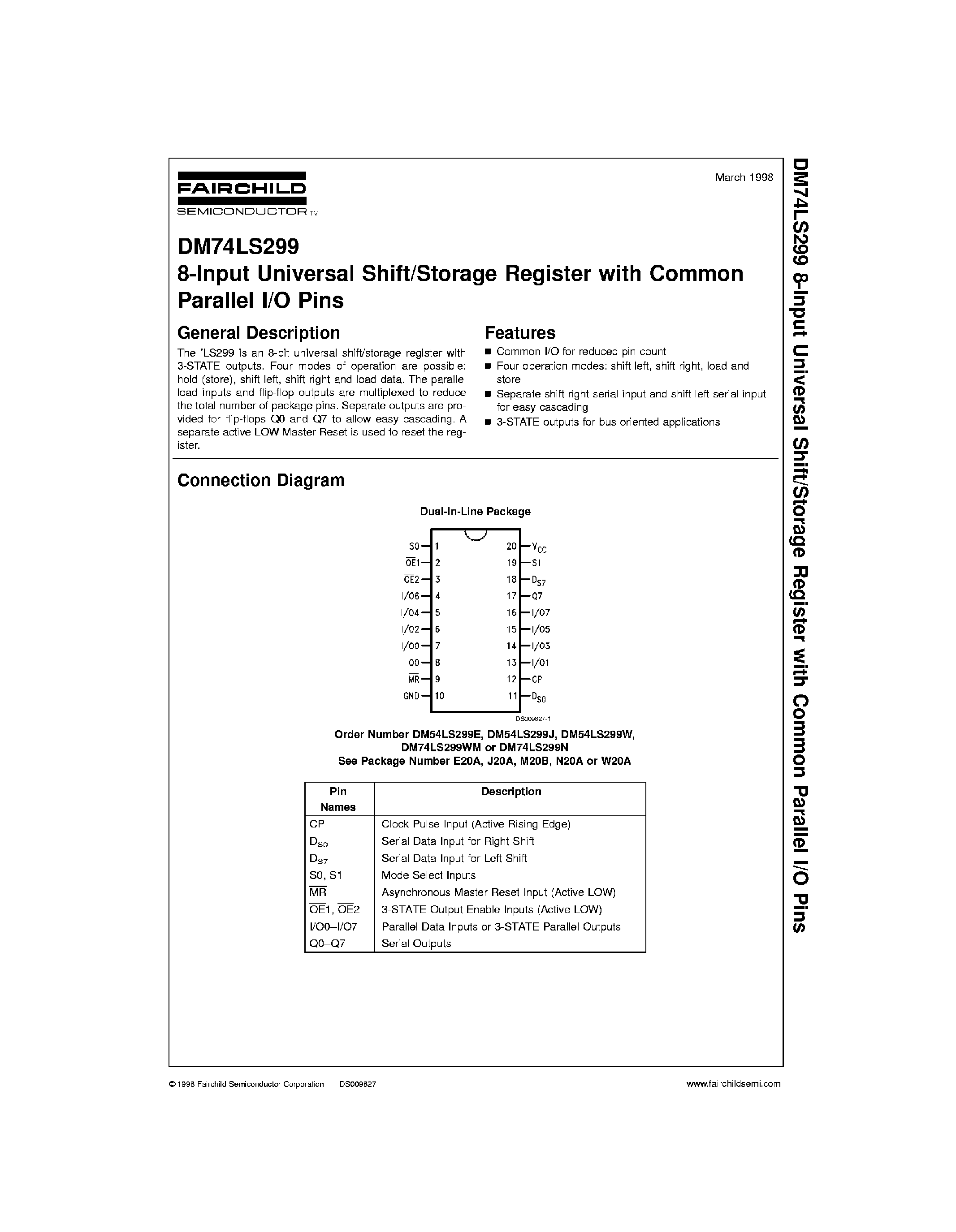 Datasheet 74LS299 page 1 Datasheet 74LS299 - 8-Input Universal Shift / Storage Register with Common Parallel I/O Pins page 1