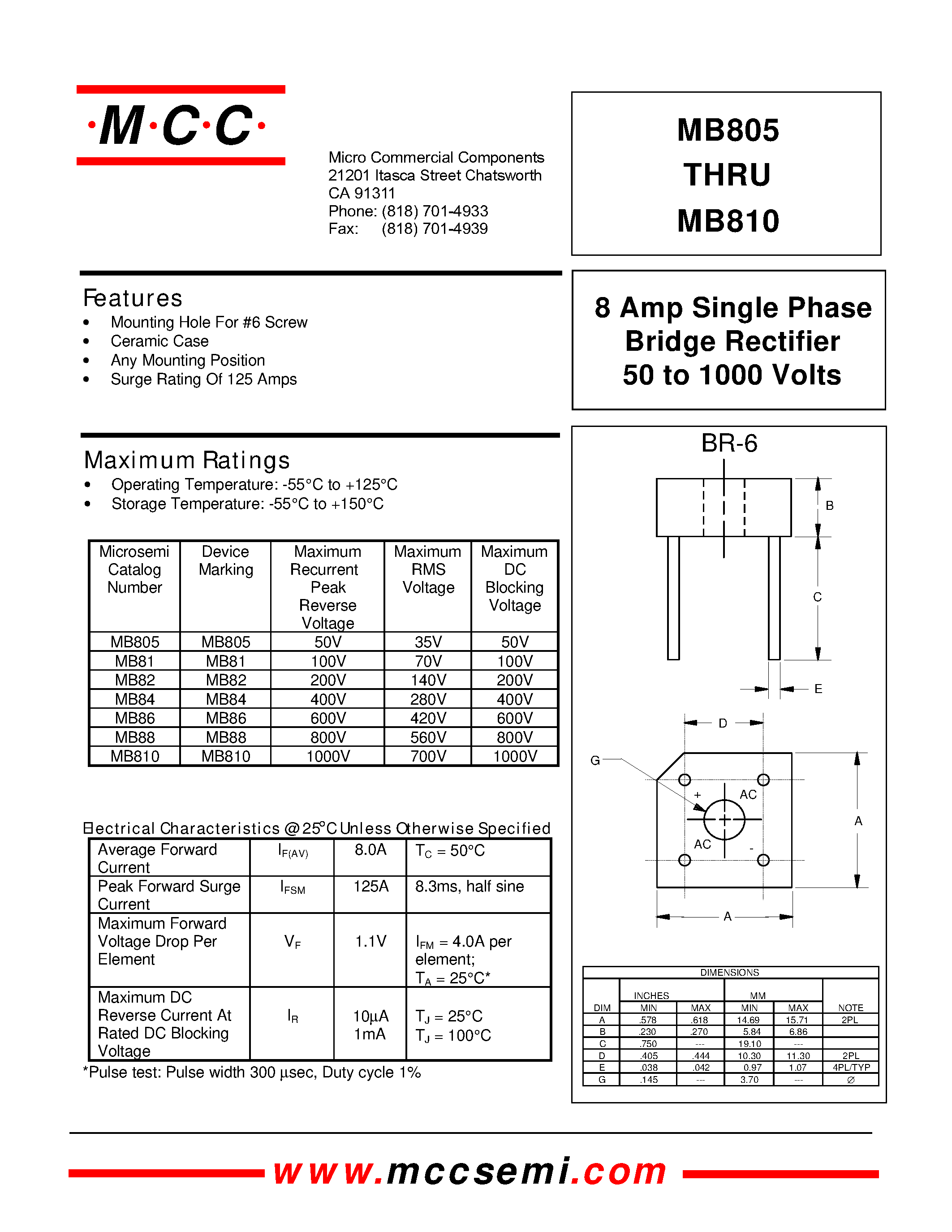 Datasheet MB82 page 1 Datasheet MB82 - 8 Amp Single Phase Bridge Rectifier 50 to 1000 Volts page 1
