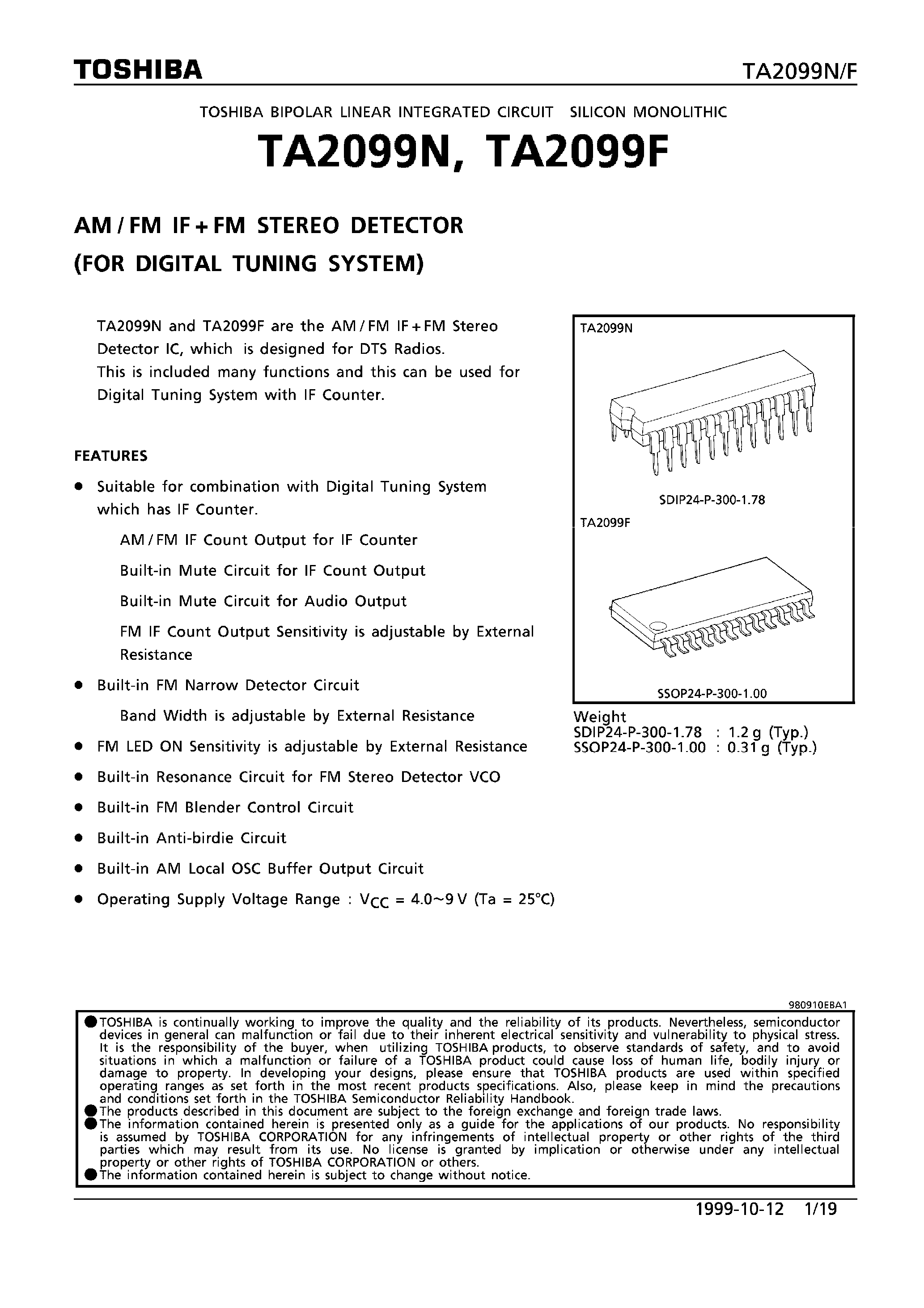 Даташит TA2099N - AM/FM IF+FM STEREO DETECTOR (FOR DIGITAL TUNING SYSTEM) страница 1