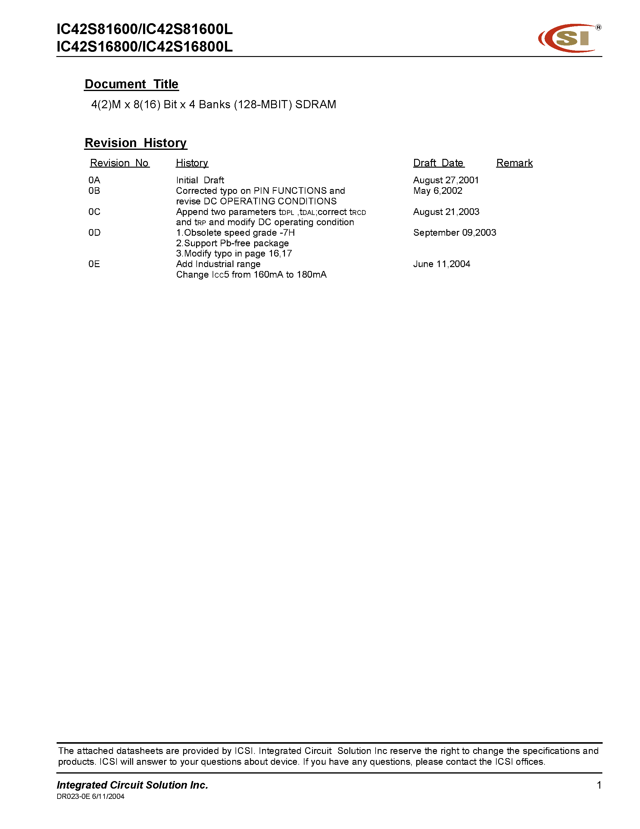 Datasheet IC42Sxxxxx - 4M x 8M x 4 Banks SDRAM page 1