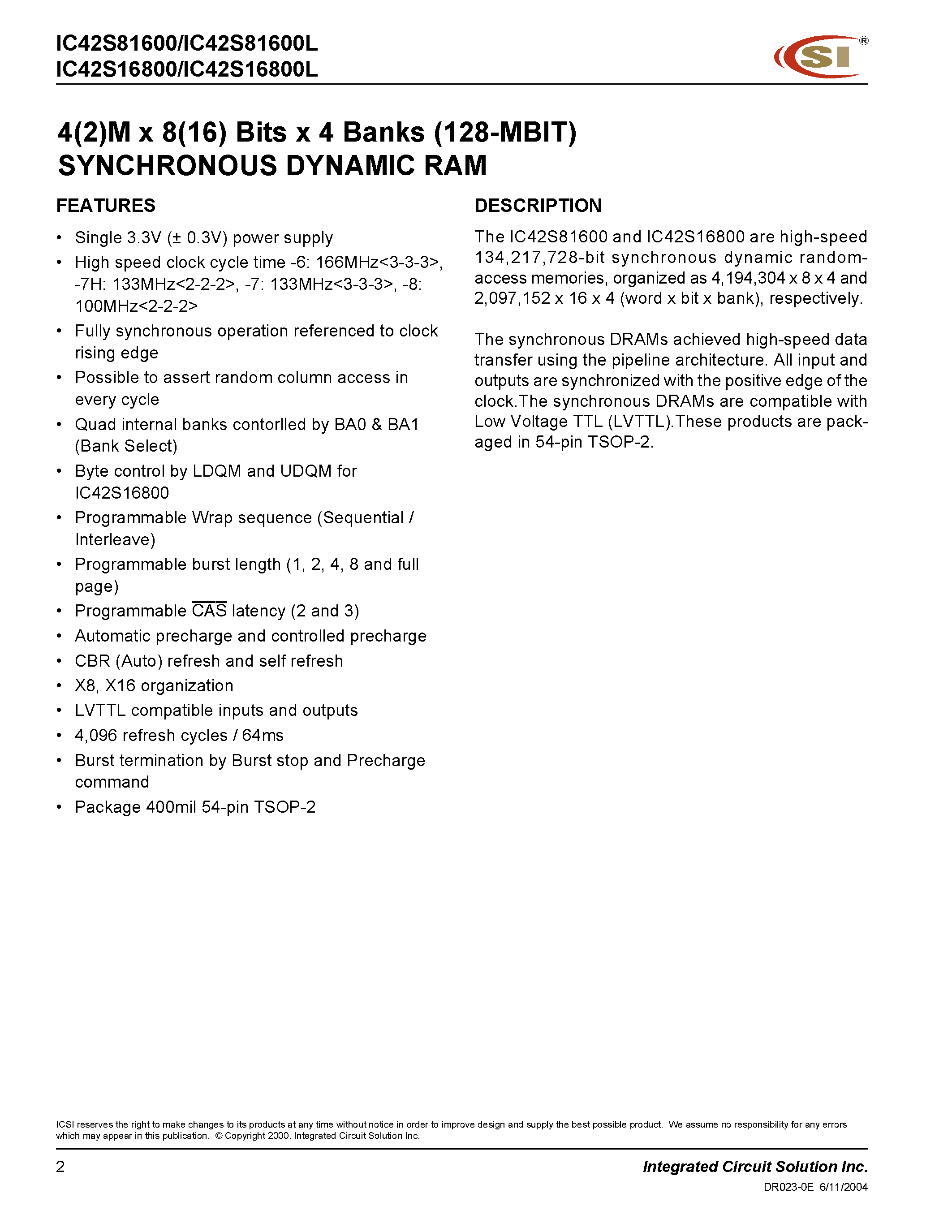 Datasheet IC42Sxxxxx - 4M x 8M x 4 Banks SDRAM page 2