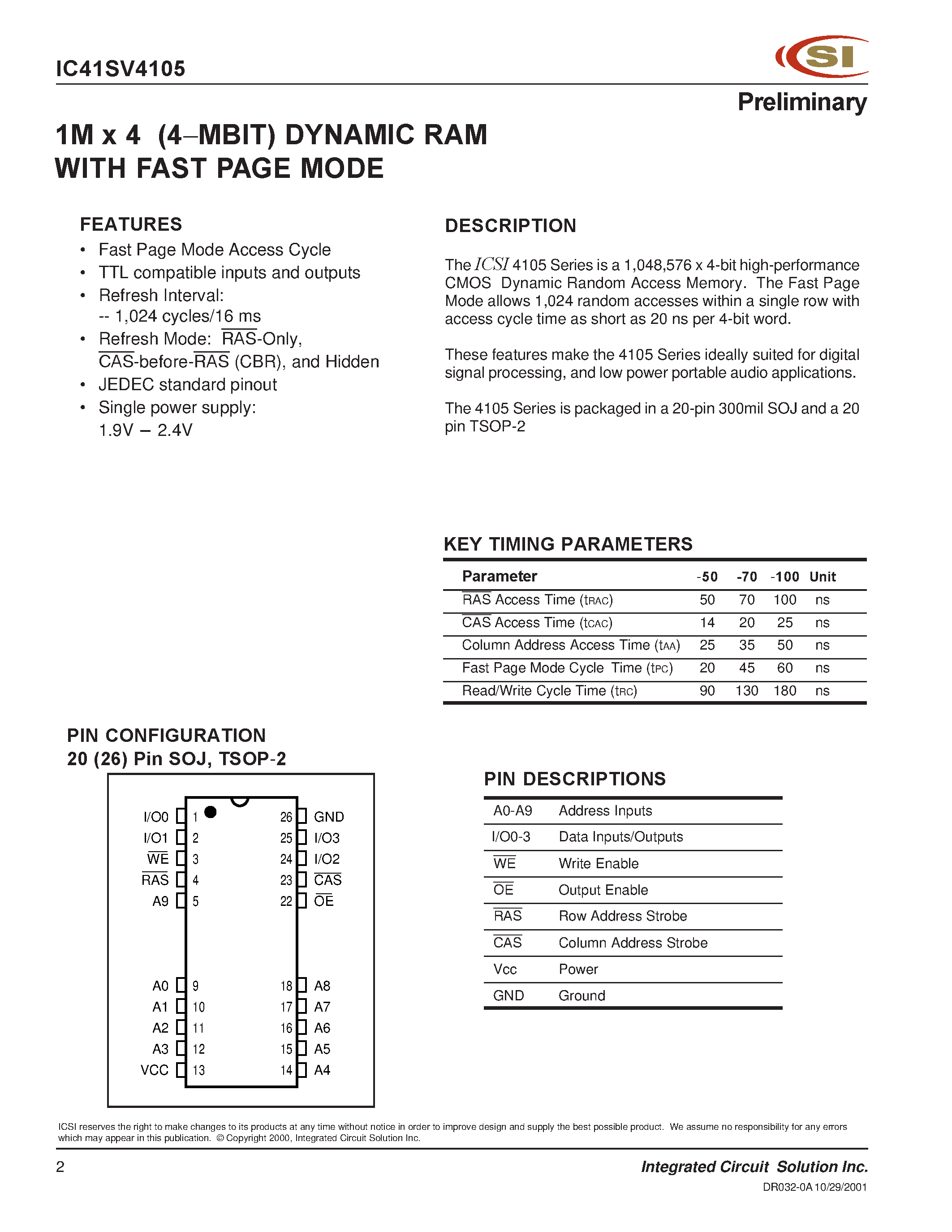 Даташит на микросхему IC41SV4105 страница 2 Даташит IC41SV4105 - 1M x 4bit Dynamic RAM with Fast Page Mode страница 2