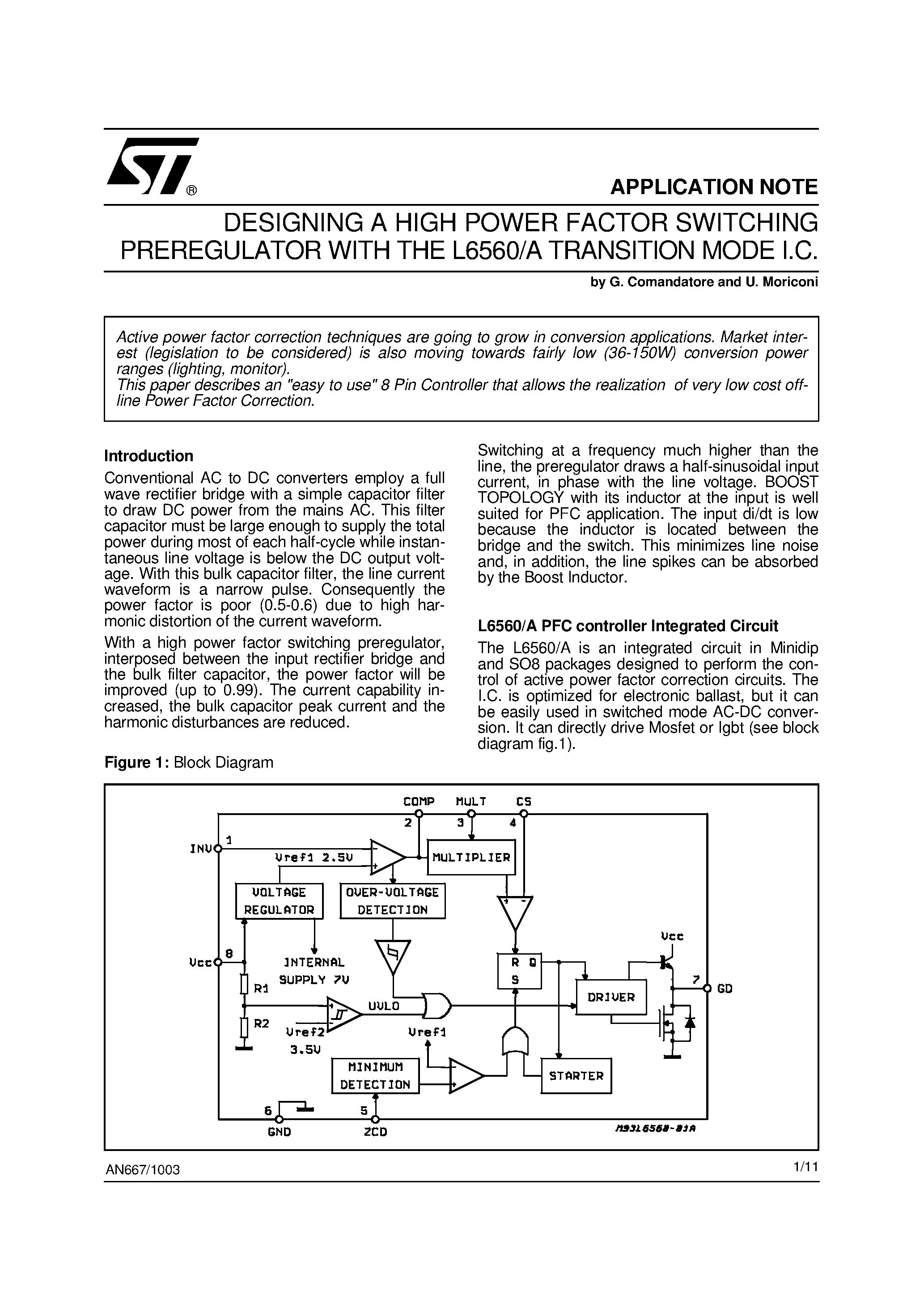 Даташит AN667 - DESIGNING A HIGH POWER FACTOR SWITCHING PREREGULATOR WITH THE L6560/A TRANSITION MODE I.C. страница 1