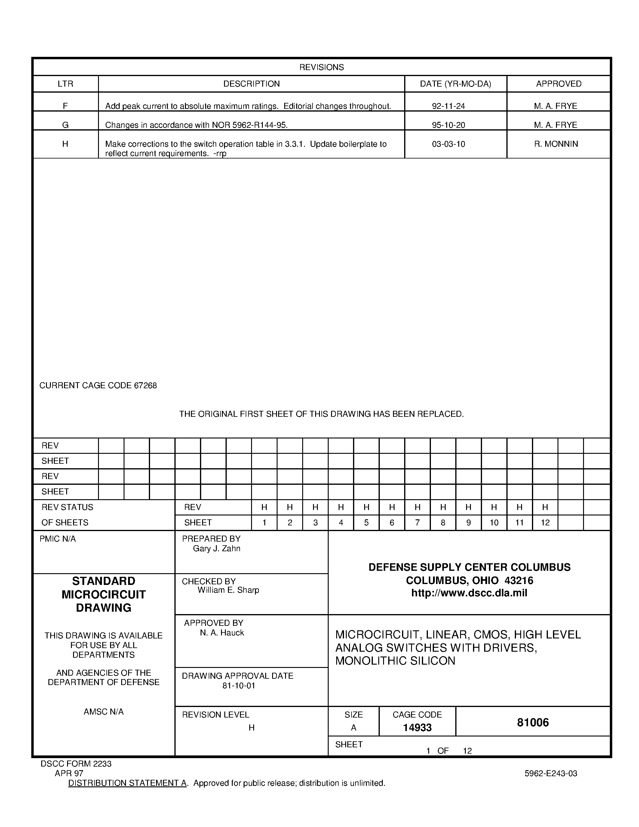Datasheet 81006 page 1 Datasheet 81006 - High Level Analog Switches With Drivers/ Monolithic Silicon page 1