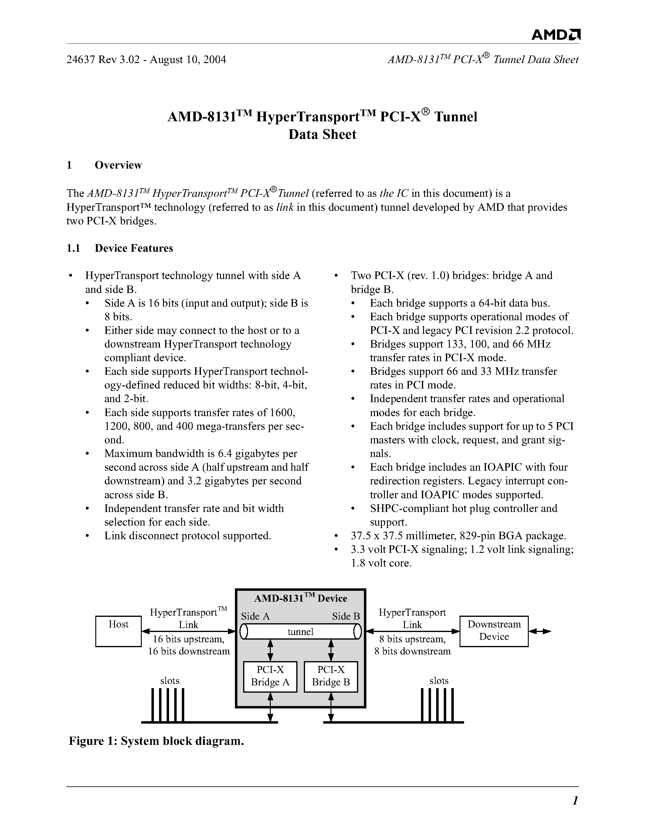Даташит на микросхему AMD-8131BLC страница 1 Даташит AMD-8131BLC - Hyper Transport PCI-X Tunnel страница 1