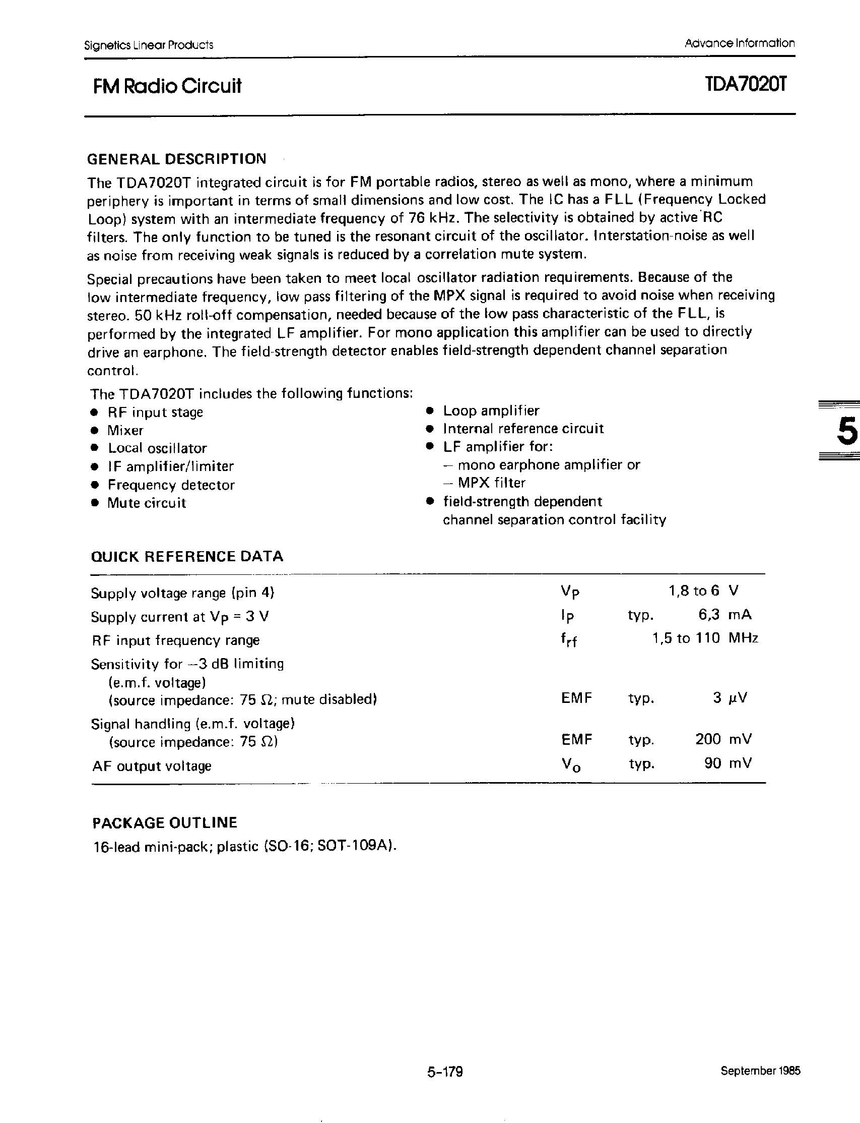 Datasheet TDA7020T - FM radio circuit page 1
