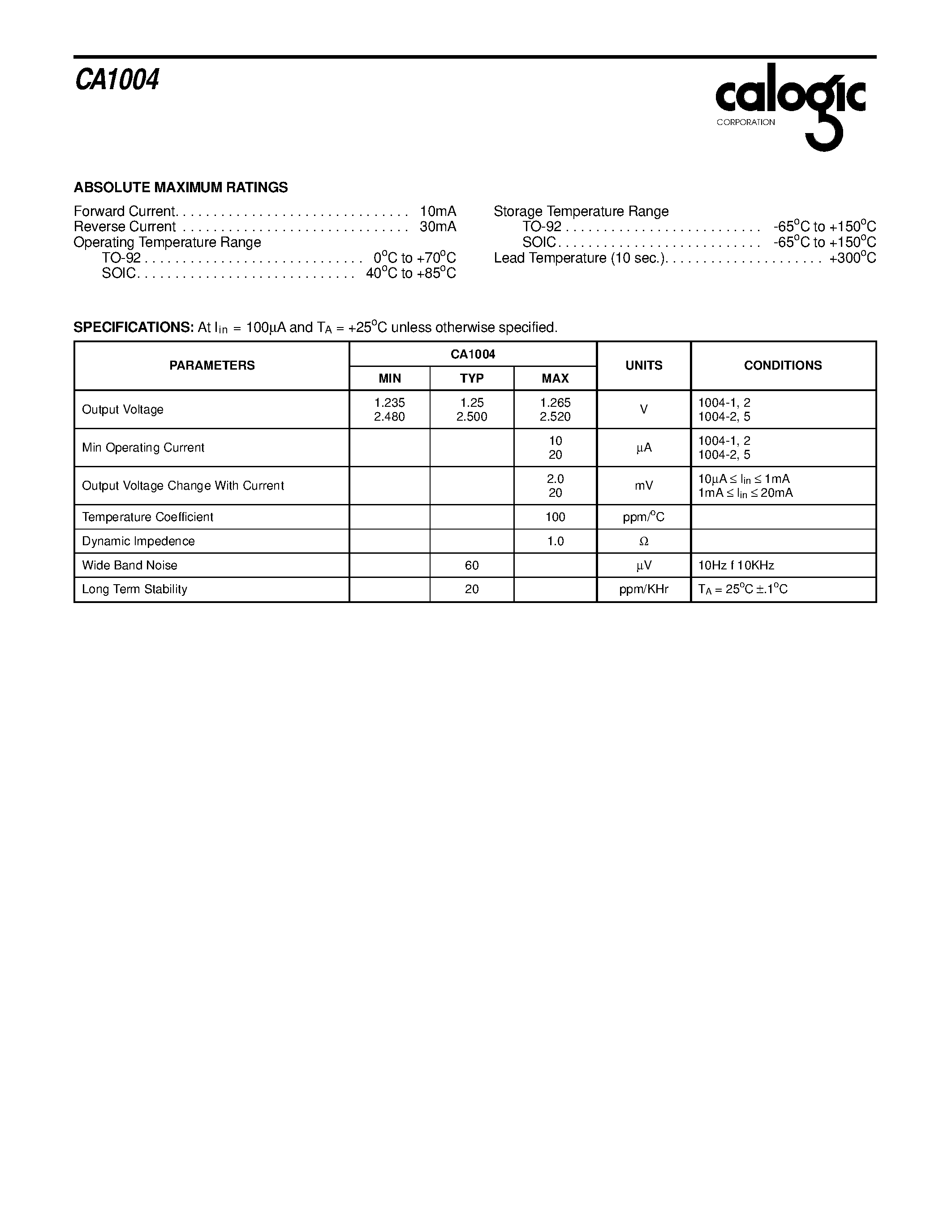 Datasheet CA1004 - Micropower Voltage Reference page 2