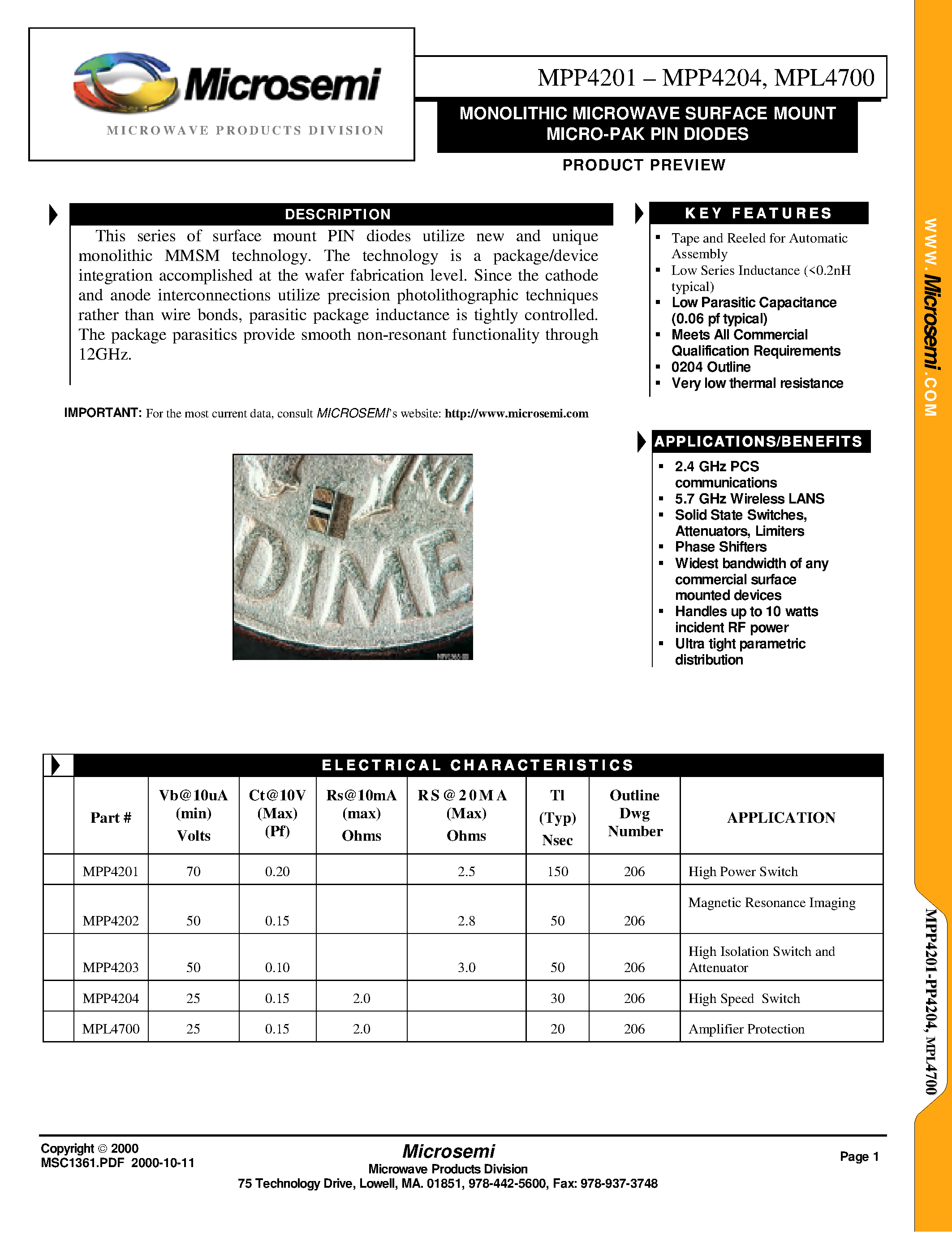 Даташит на микросхему MPL4700 страница 1 Даташит MPL4700 - MONOLITHIC MICROWAVE SURFACE MOUNT MICRO-PAK PIN DIODES страница 1