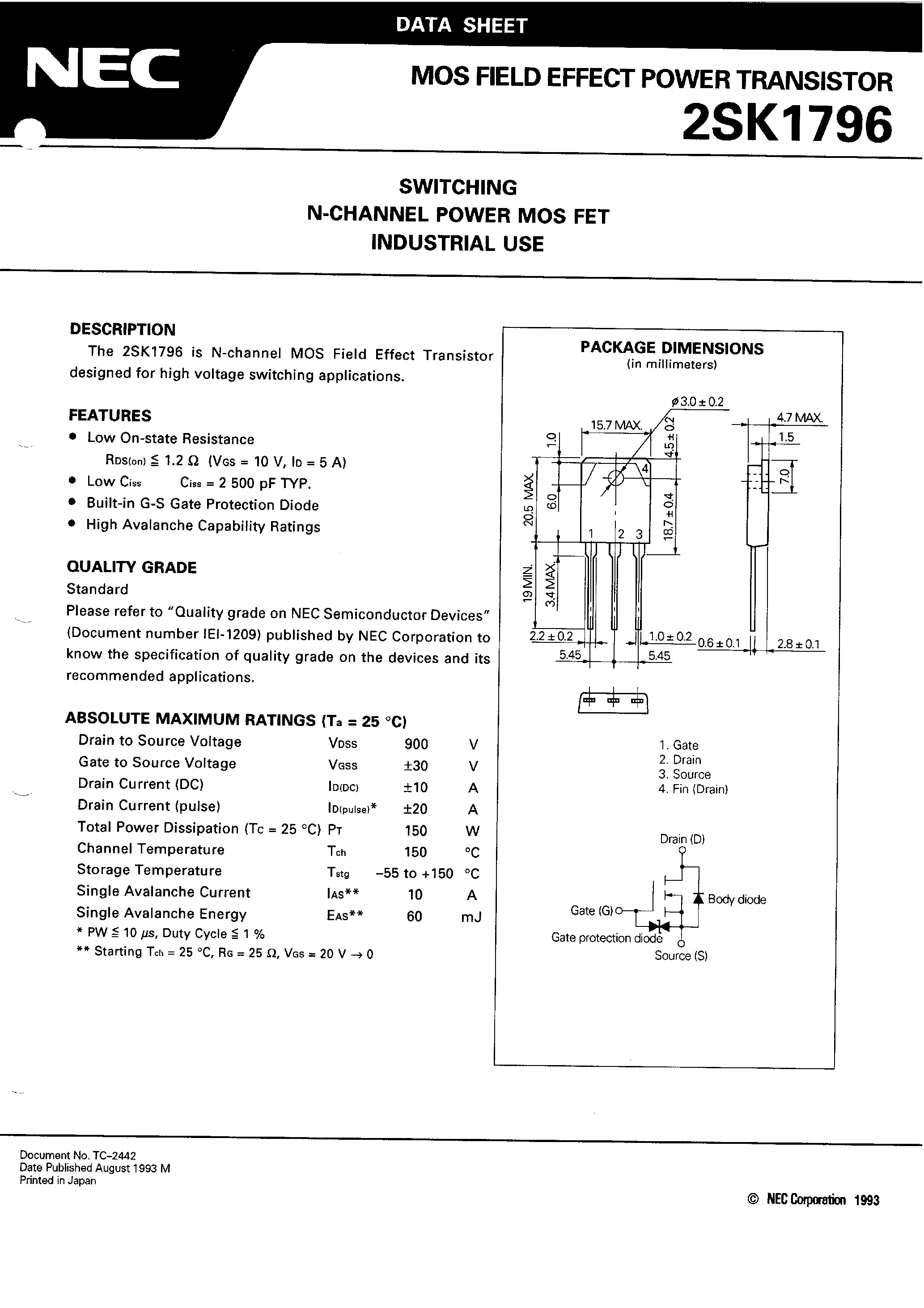 Даташит на микросхему 2SK1796 страница 2 Даташит 2SK1796 - MOS Field Effect Power Transistor страница 2