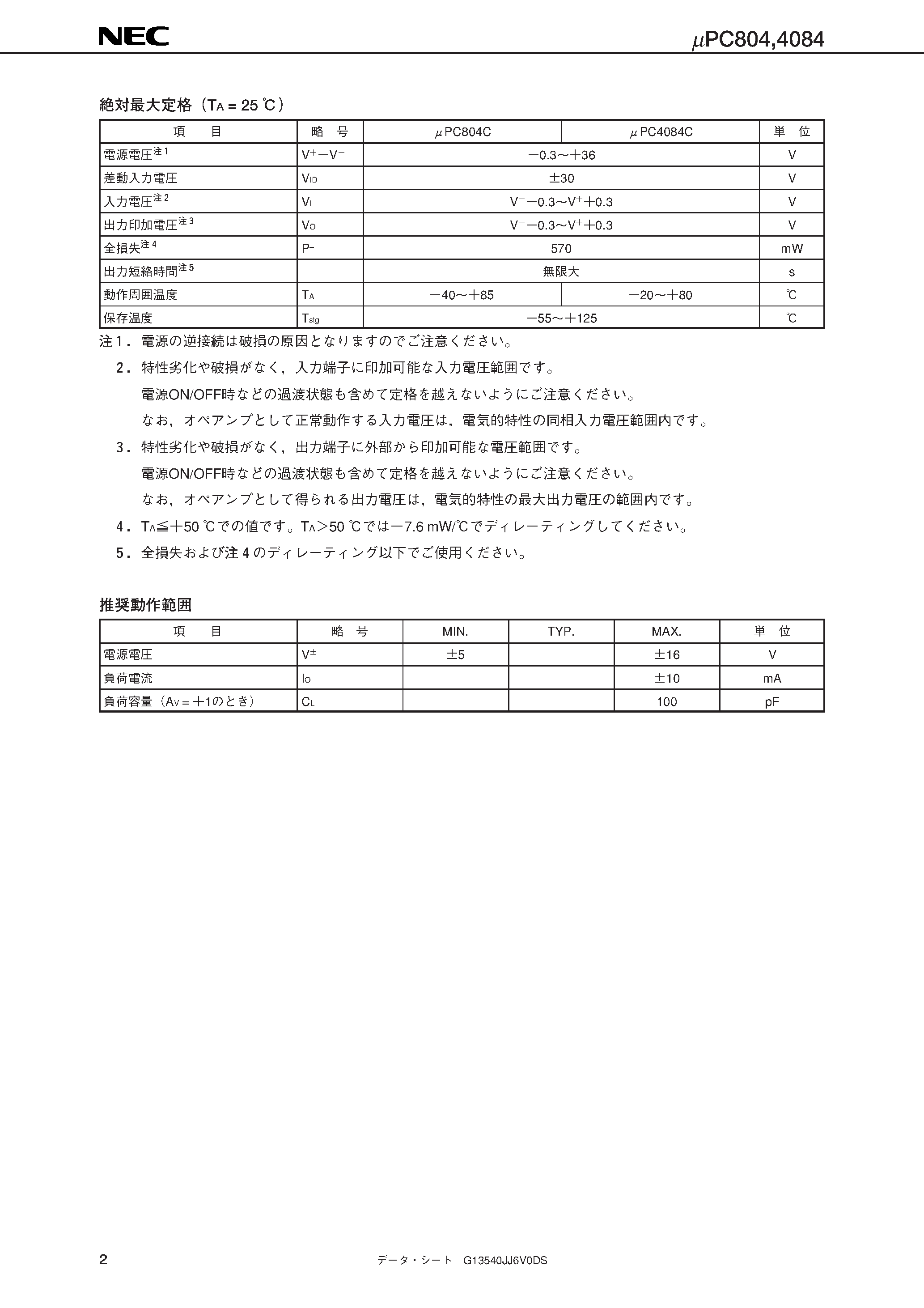 Datasheet uPC804 page 2 Datasheet uPC804 - J-FET Bipolar Analog Integrated Circuit page 2
