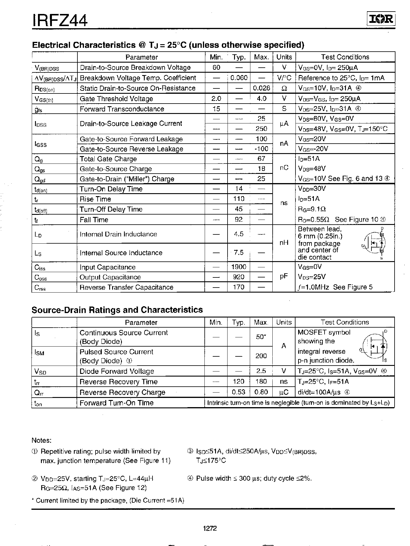 Даташит на микросхему IRFZ44 страница 2 Даташит IRFZ44 - Power MOSFET страница 2