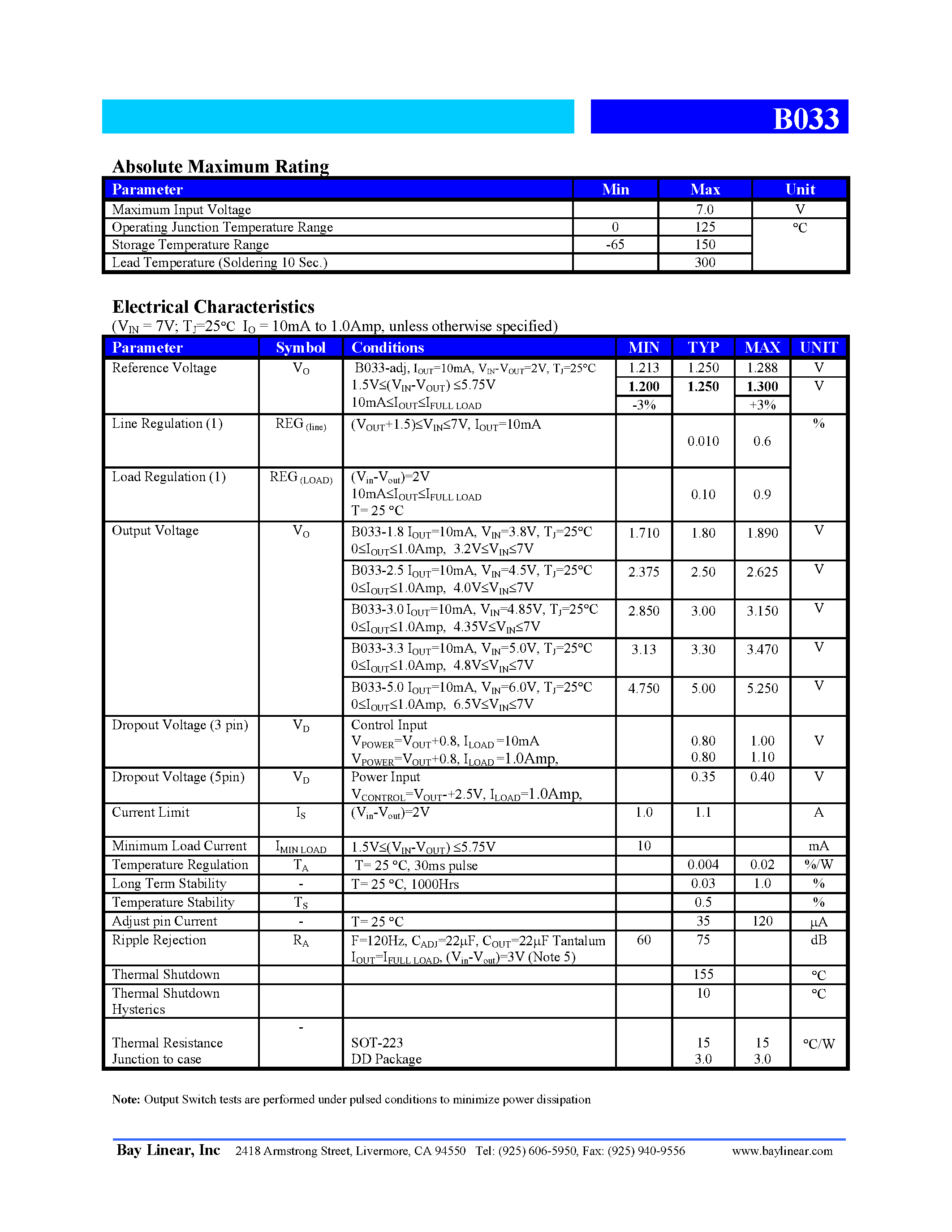Datasheet B033 page 2 Datasheet B033 - 1.0 Amp Low Dropout Voltage Regulator page 2