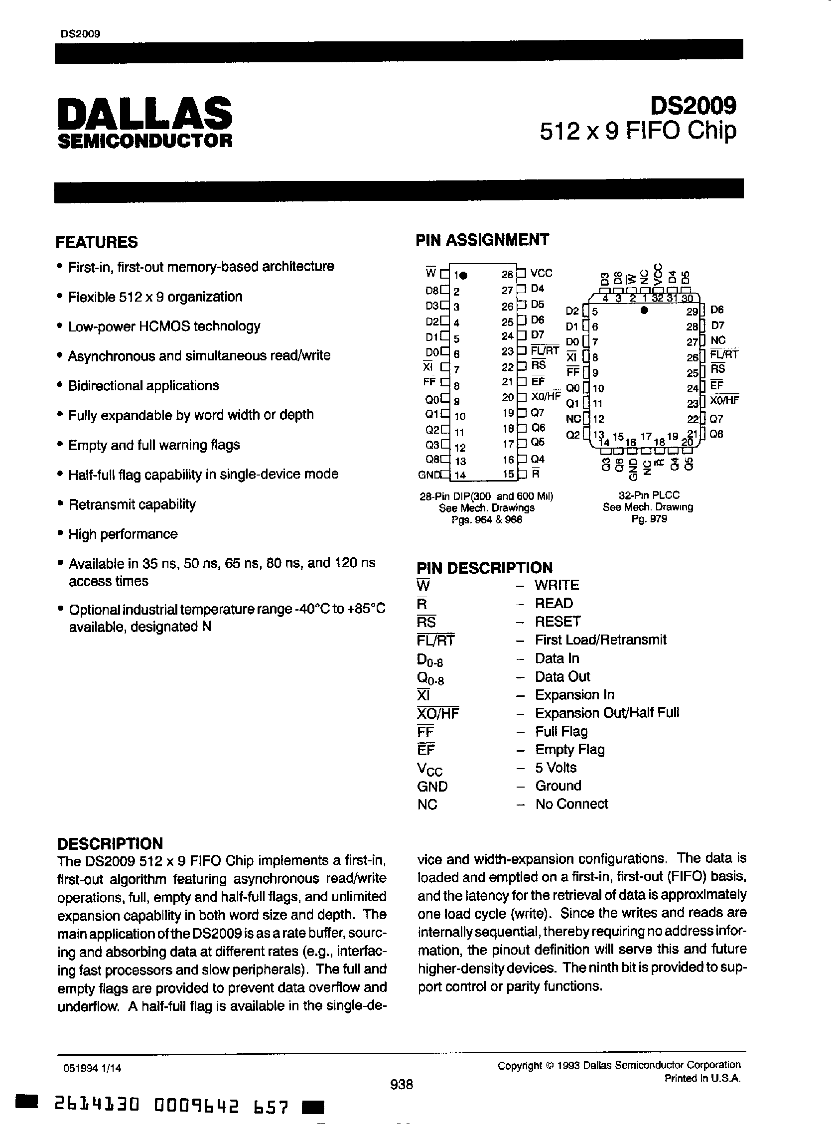 Даташит DS2009 - 512 x 9 FIFO Chip страница 1