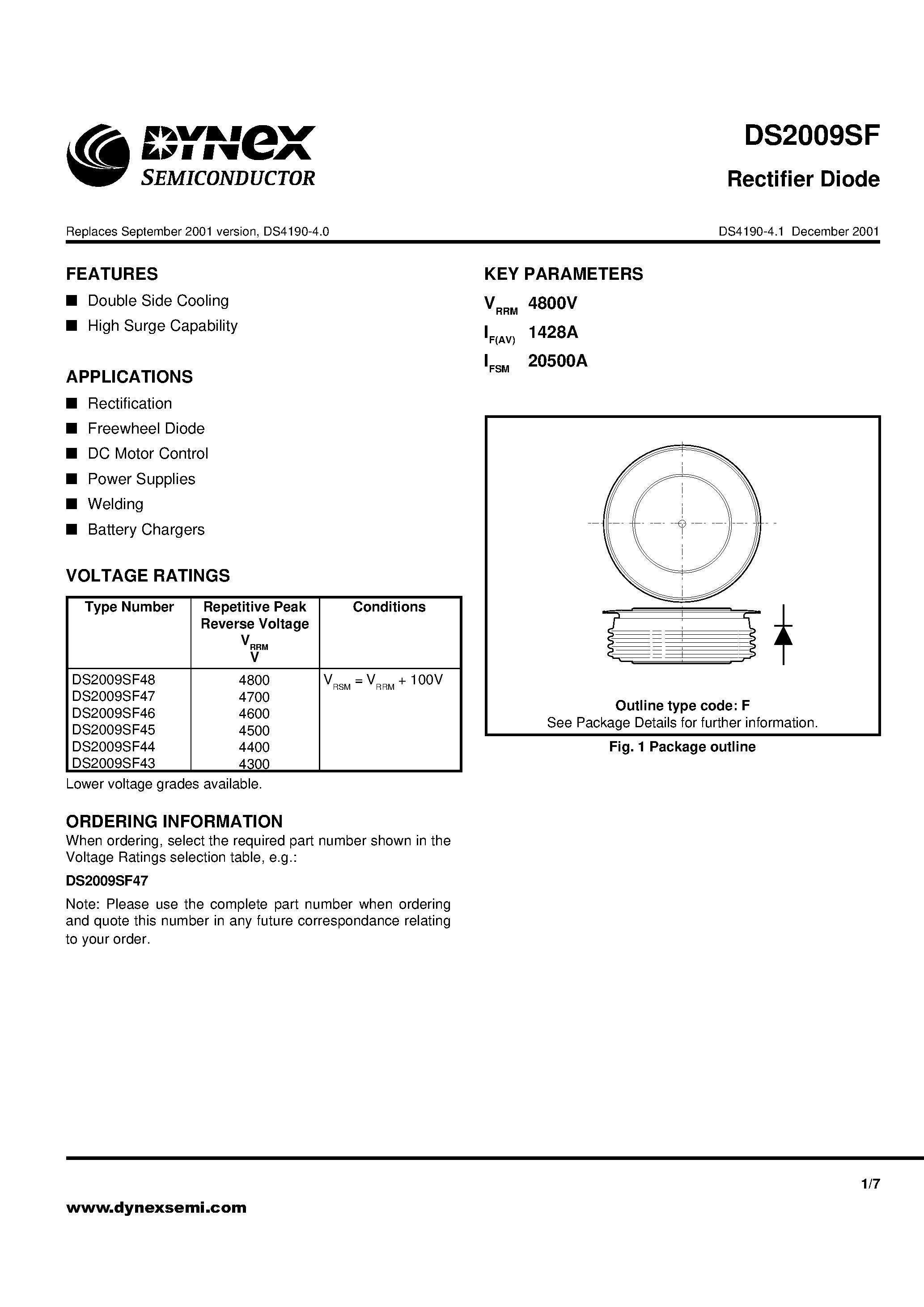Datasheet DS2009SF page 1 Datasheet DS2009SF - Rectifier Diode page 1