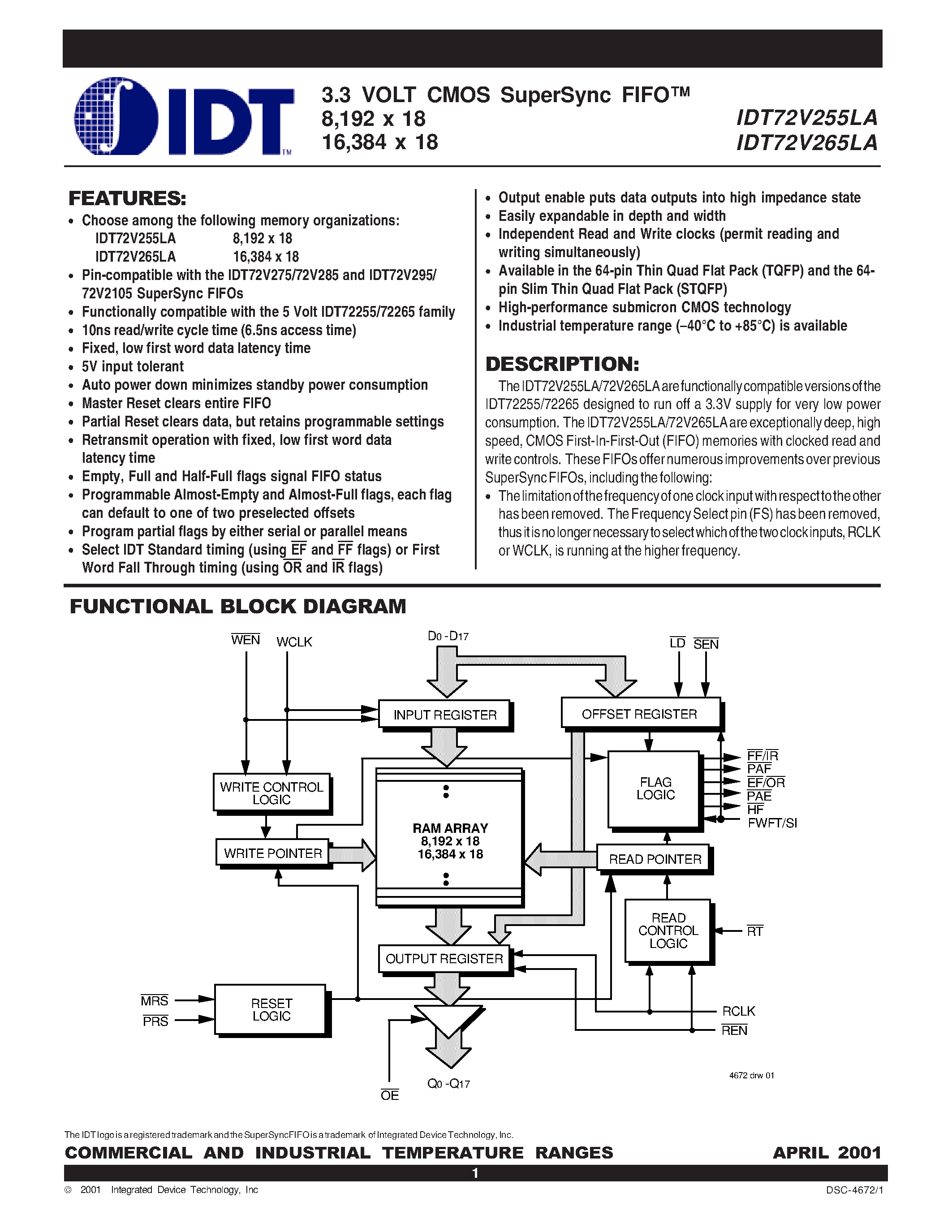 Datasheet IDT72V265LA - 3.3 VOLT CMOS SuperSync FIFO 8/192 x 18 16/384 x 18 page 1