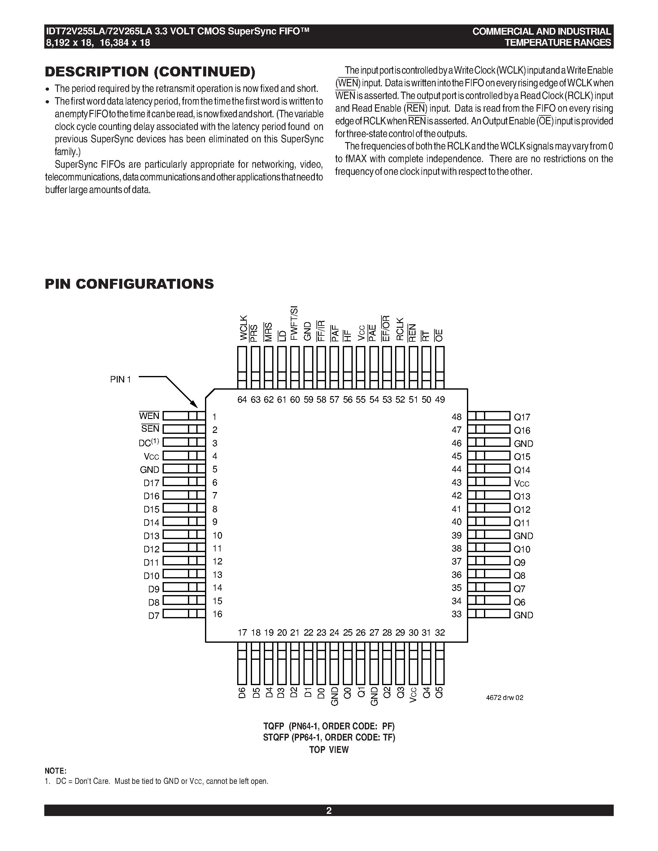 Datasheet IDT72V265LA - 3.3 VOLT CMOS SuperSync FIFO 8/192 x 18 16/384 x 18 page 2