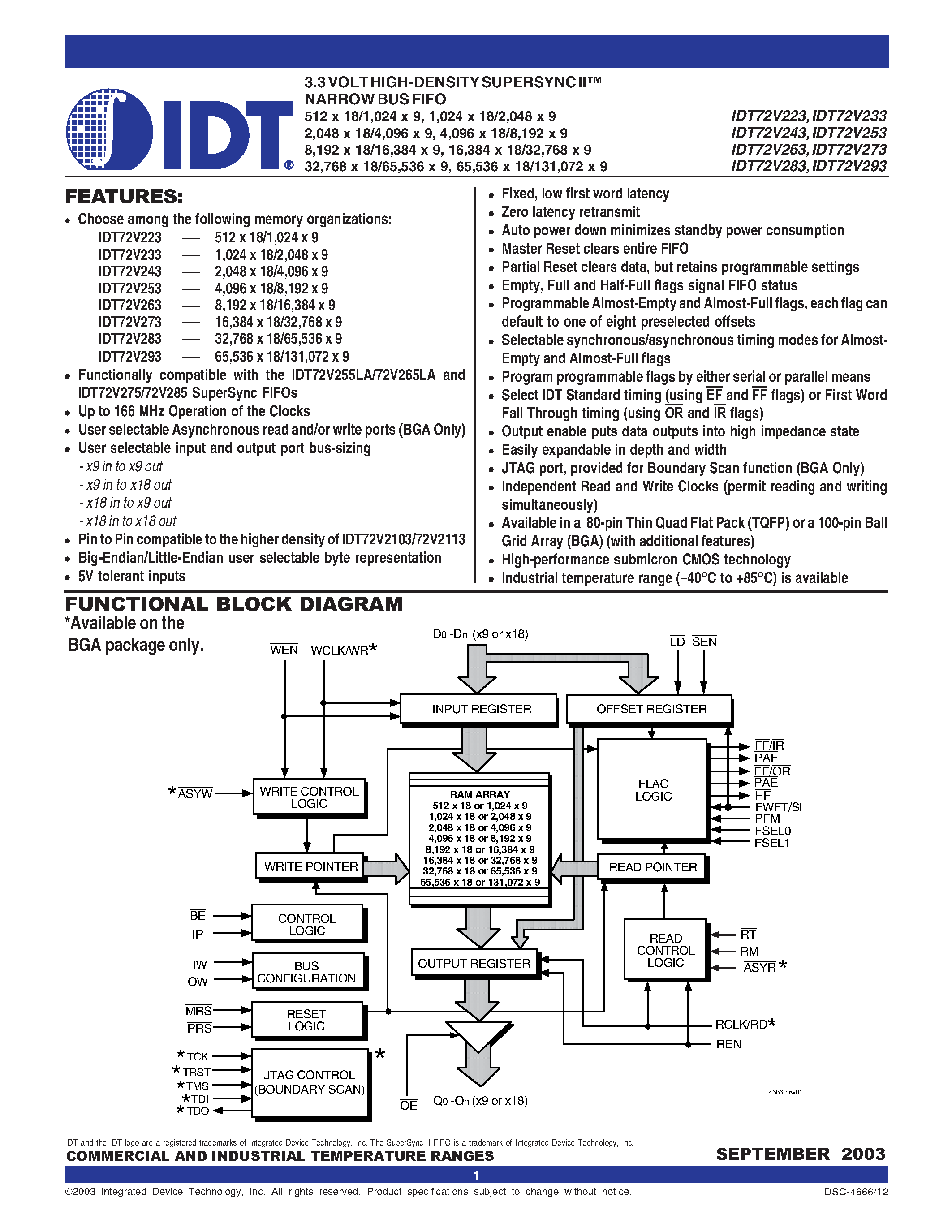 Datasheet IDT72V293 - 3.3 VOLT HIGH-DENSITY SUPERSYNC NARROW BUS FIFO page 1