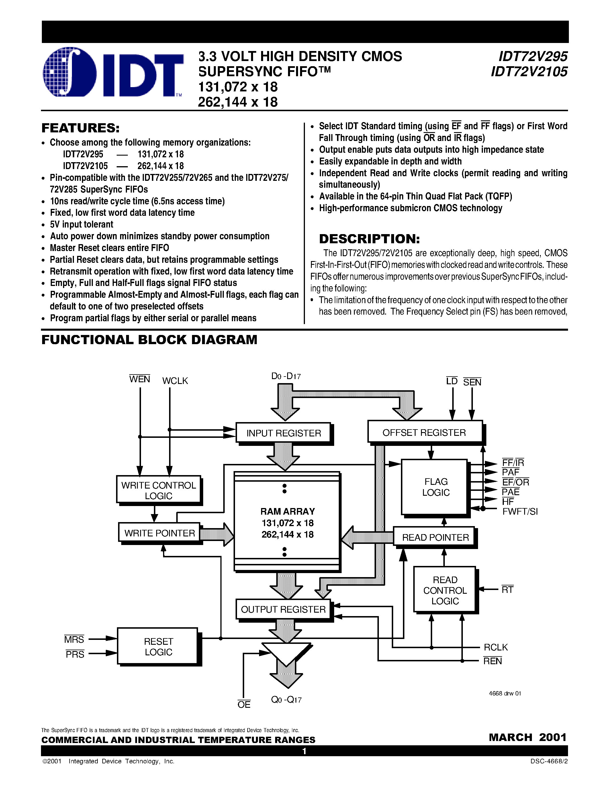 Datasheet IDT72V295 - 3.3 VOLT HIGH DENSITY CMOS SUPERSYNC FIFO 131/072 x 18 262/144 x 18 page 1