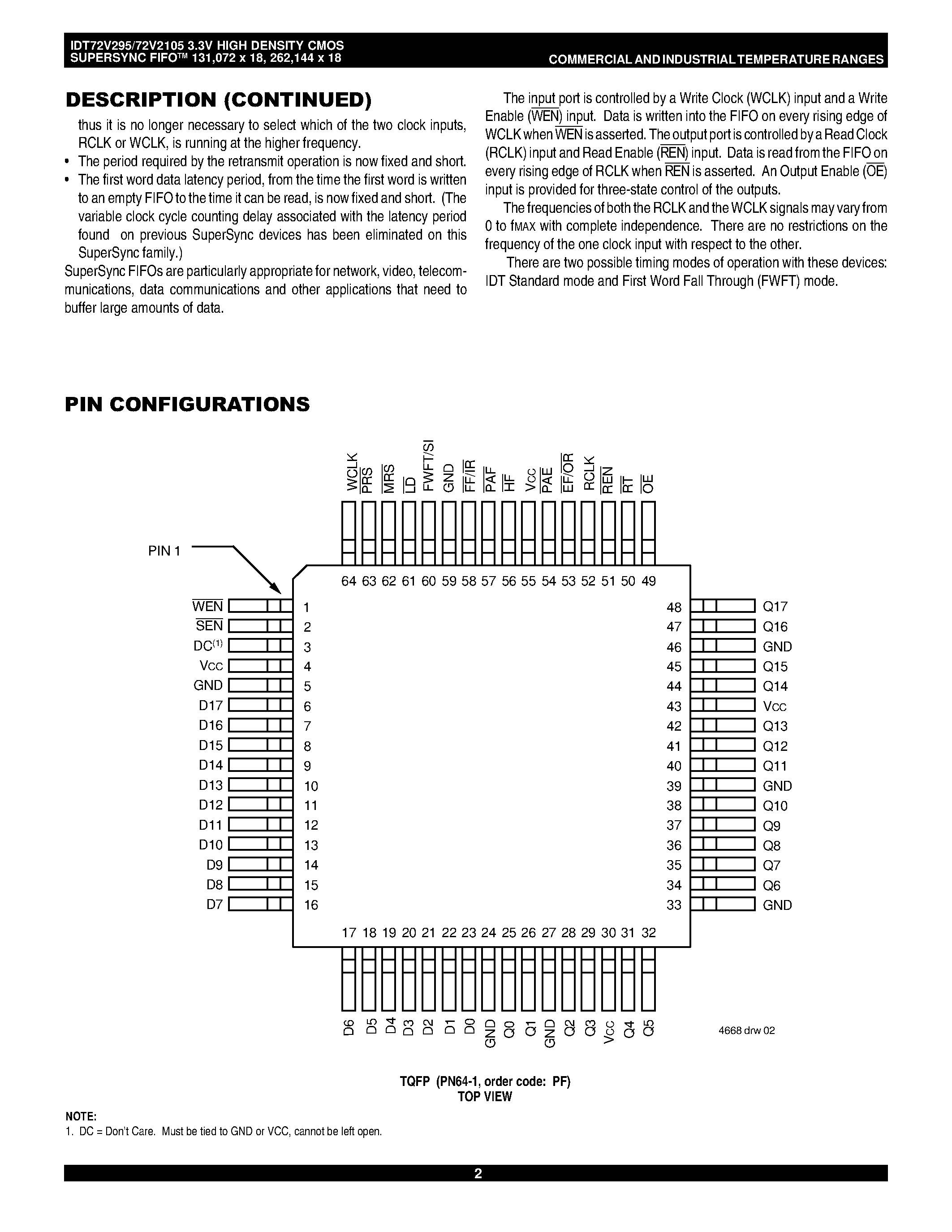 Datasheet IDT72V295 - 3.3 VOLT HIGH DENSITY CMOS SUPERSYNC FIFO 131/072 x 18 262/144 x 18 page 2