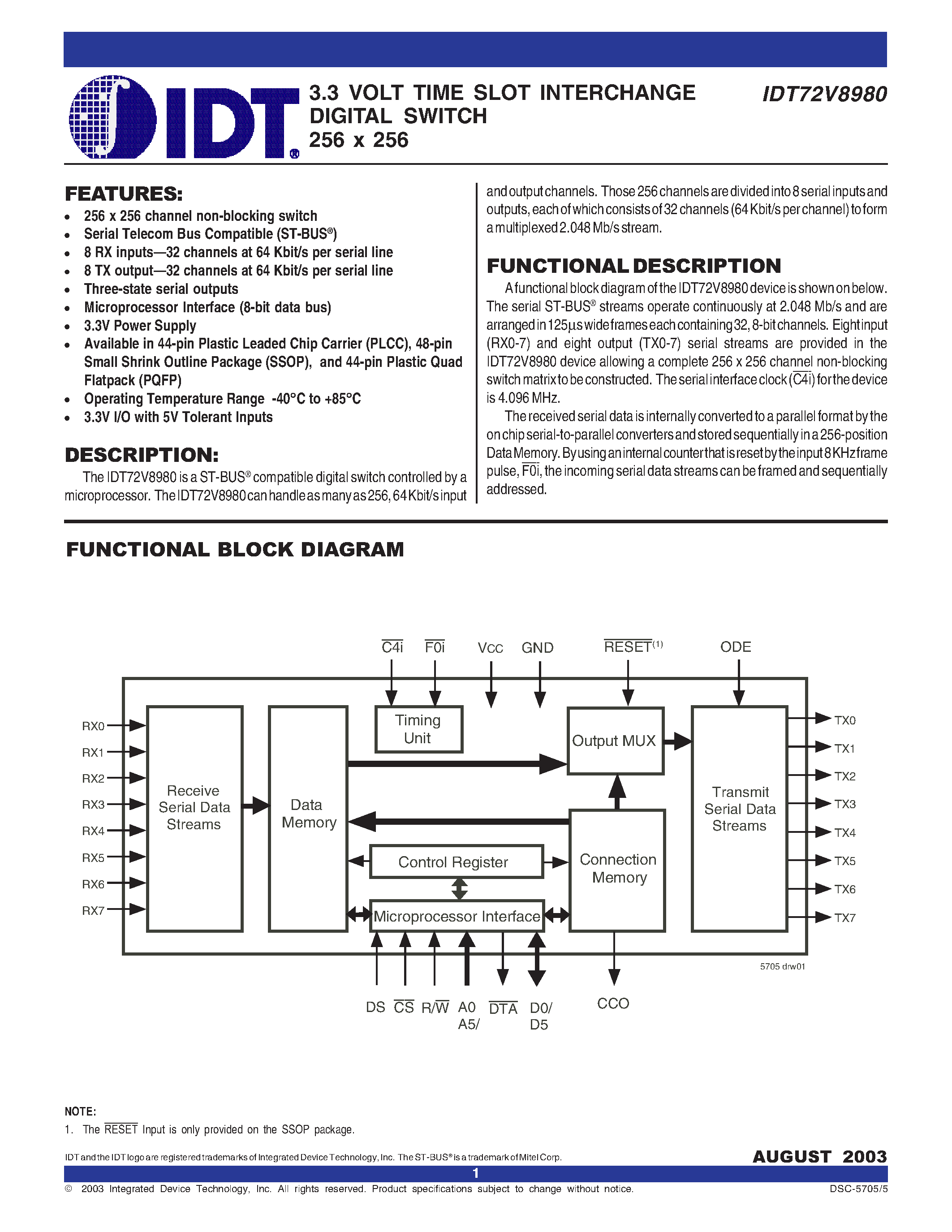 Datasheet IDT72V8980 - 3.3 VOLT TIME SLOT INTERCHANGE DIGITAL SWITCH 256 x 256 page 1
