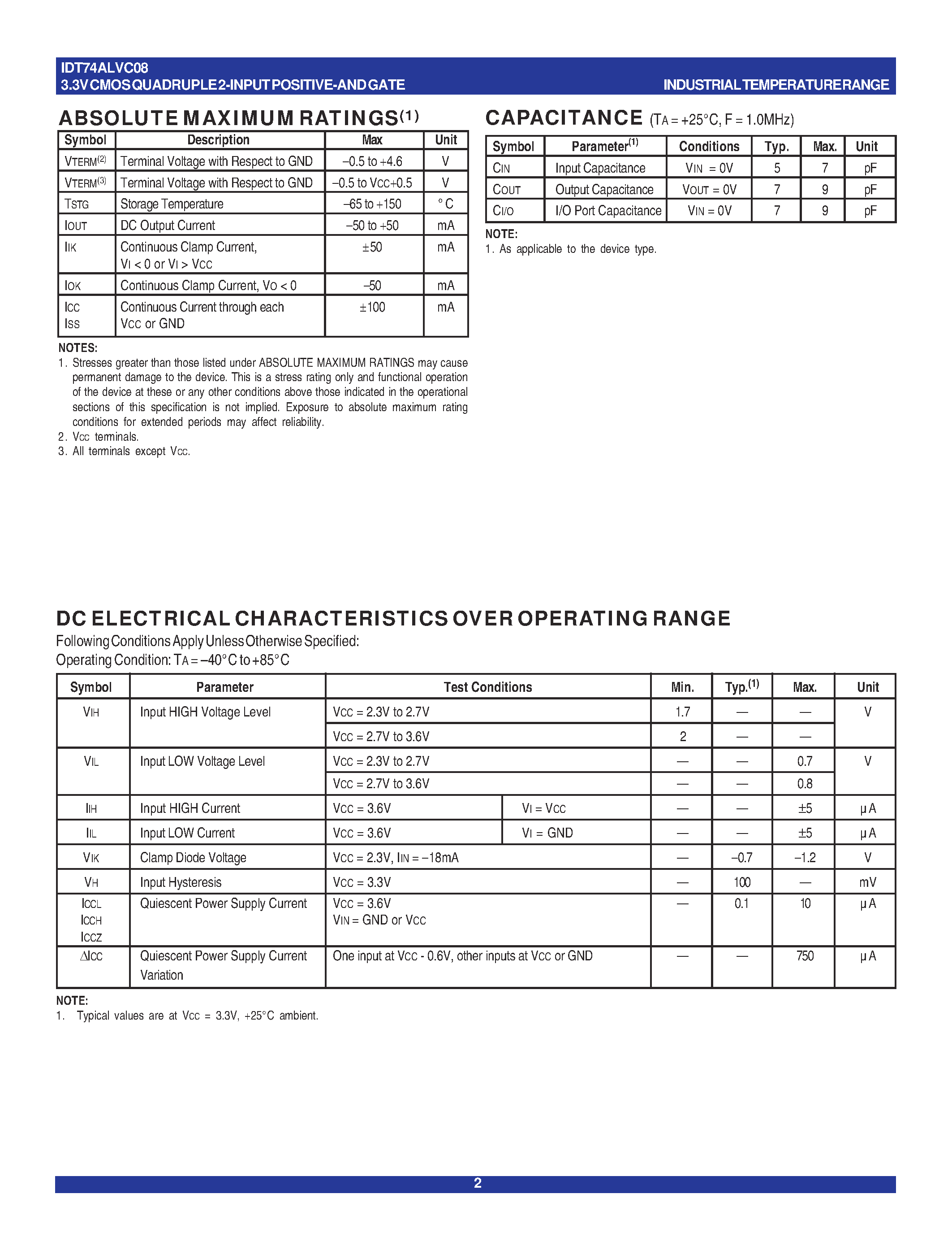 Datasheet IDT74ALVC08 - 3.3V CMOS QUADRUPLE 2-INPUT POSITIVE-AND GATE page 2