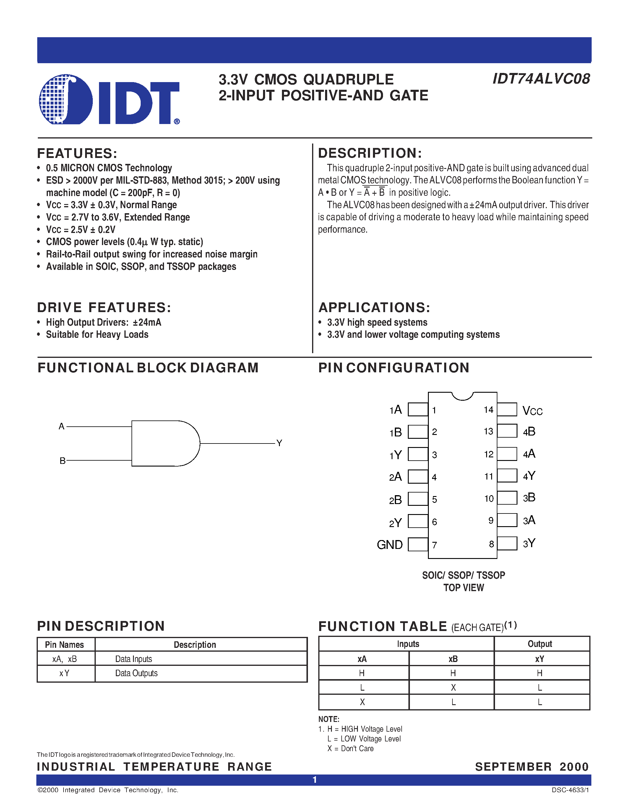 Datasheet IDT74ALVC08PY - 3.3V CMOS QUADRUPLE 2-INPUT POSITIVE-AND GATE page 1