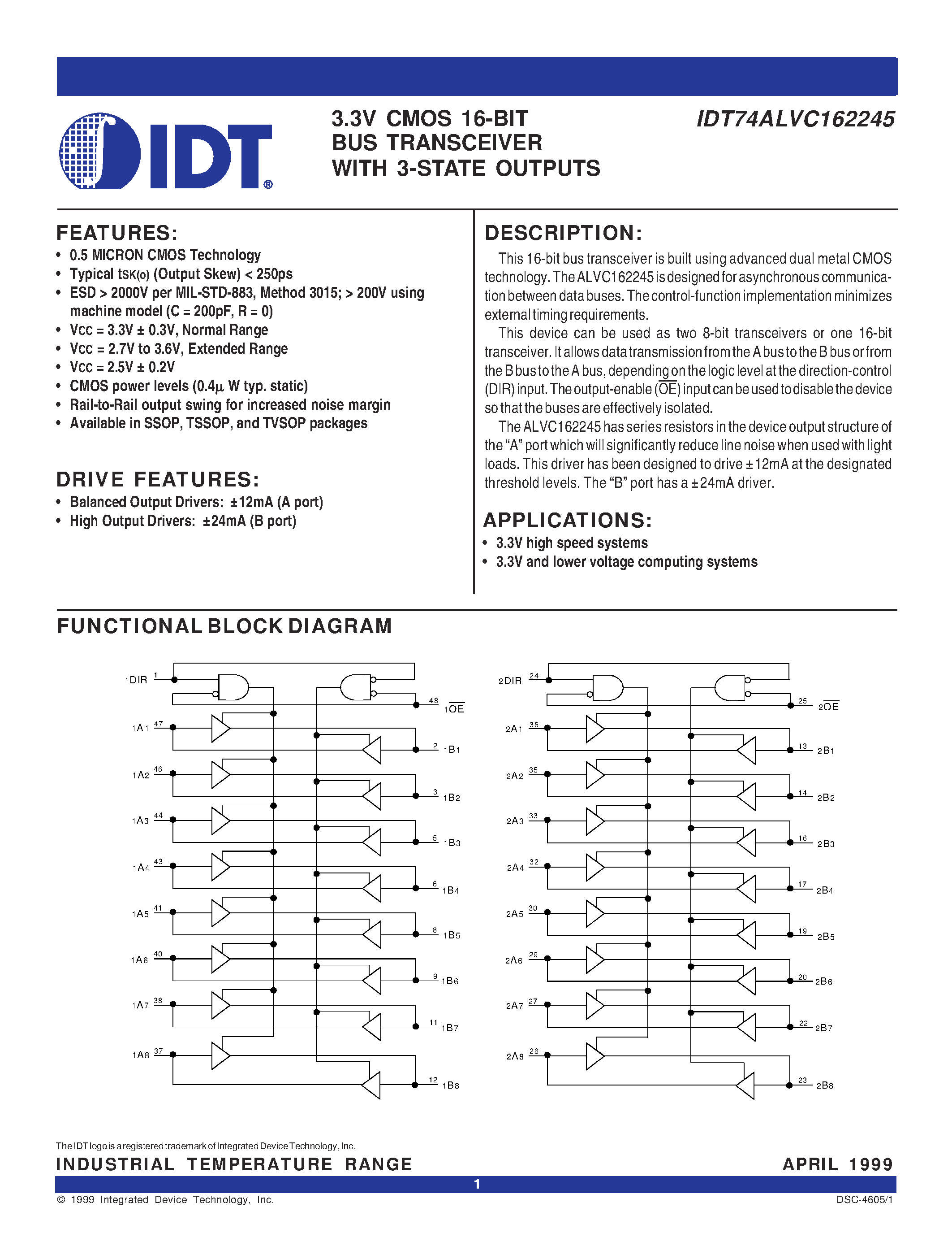 Datasheet IDT74ALVC162245 - 3.3V CMOS 16-BIT BUS TRANSCEIVER WITH 3-STATE OUTPUTS page 1