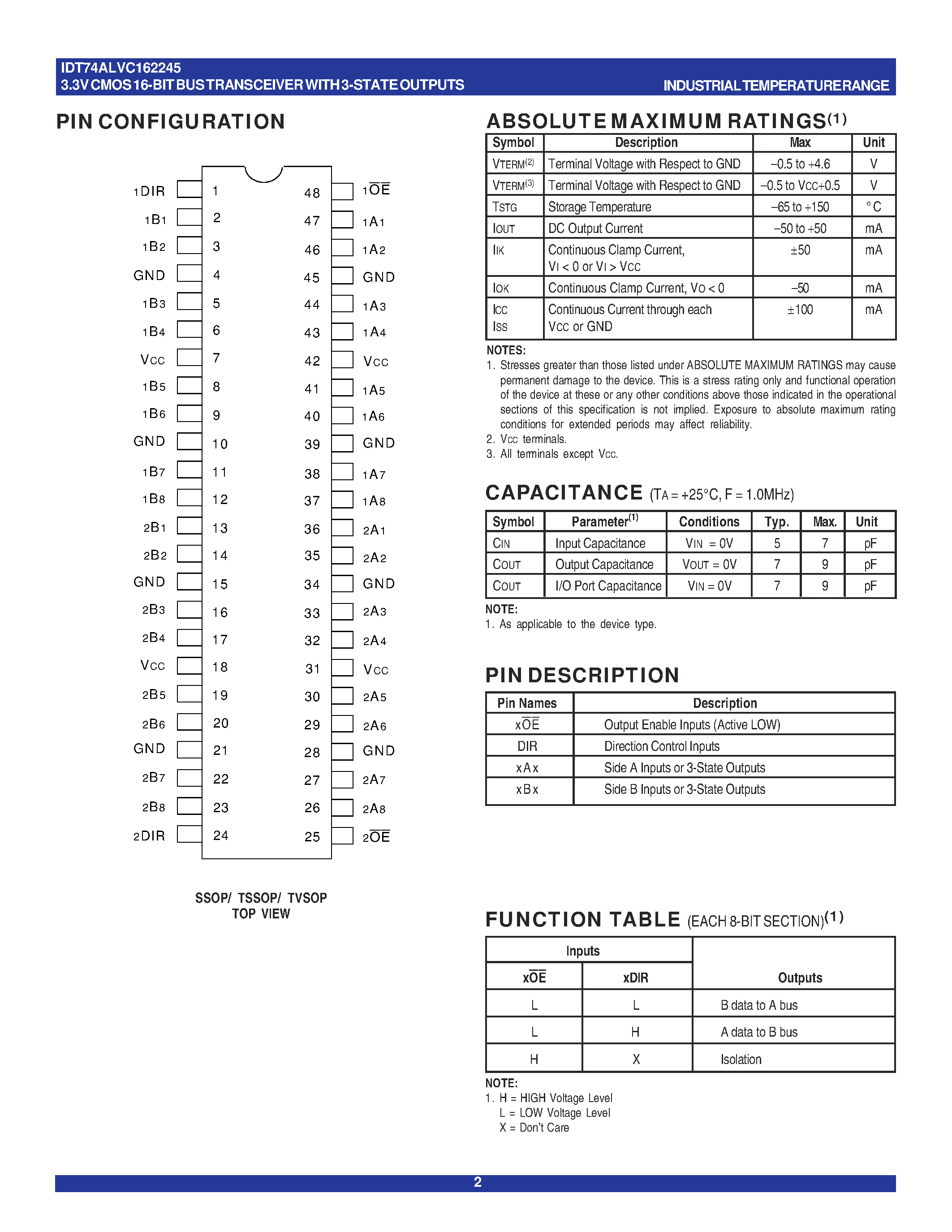 Datasheet IDT74ALVC162245 - 3.3V CMOS 16-BIT BUS TRANSCEIVER WITH 3-STATE OUTPUTS page 2