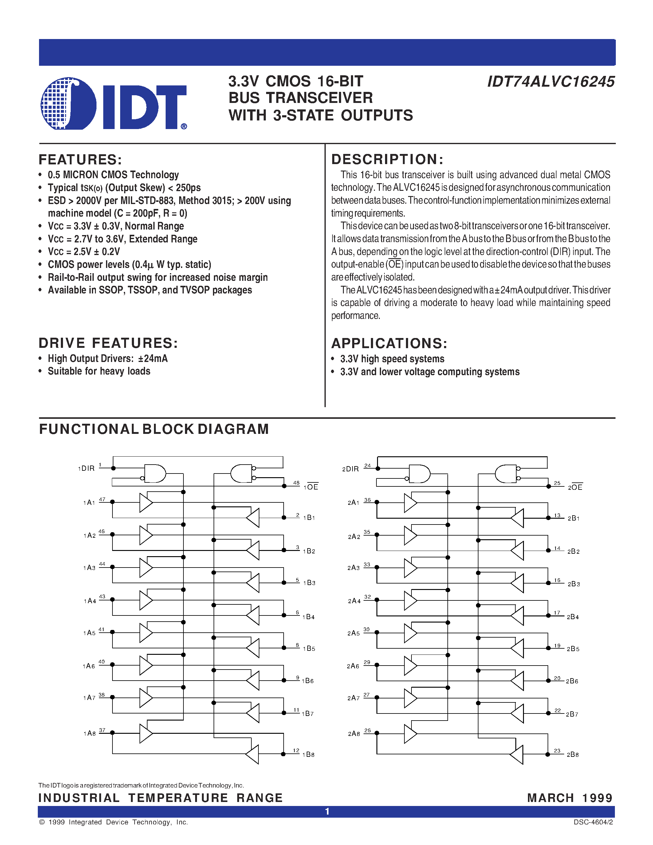 Datasheet IDT74ALVC16245 - 3.3V CMOS 16-BIT BUS TRANSCEIVER WITH 3-STATE OUTPUTS page 1