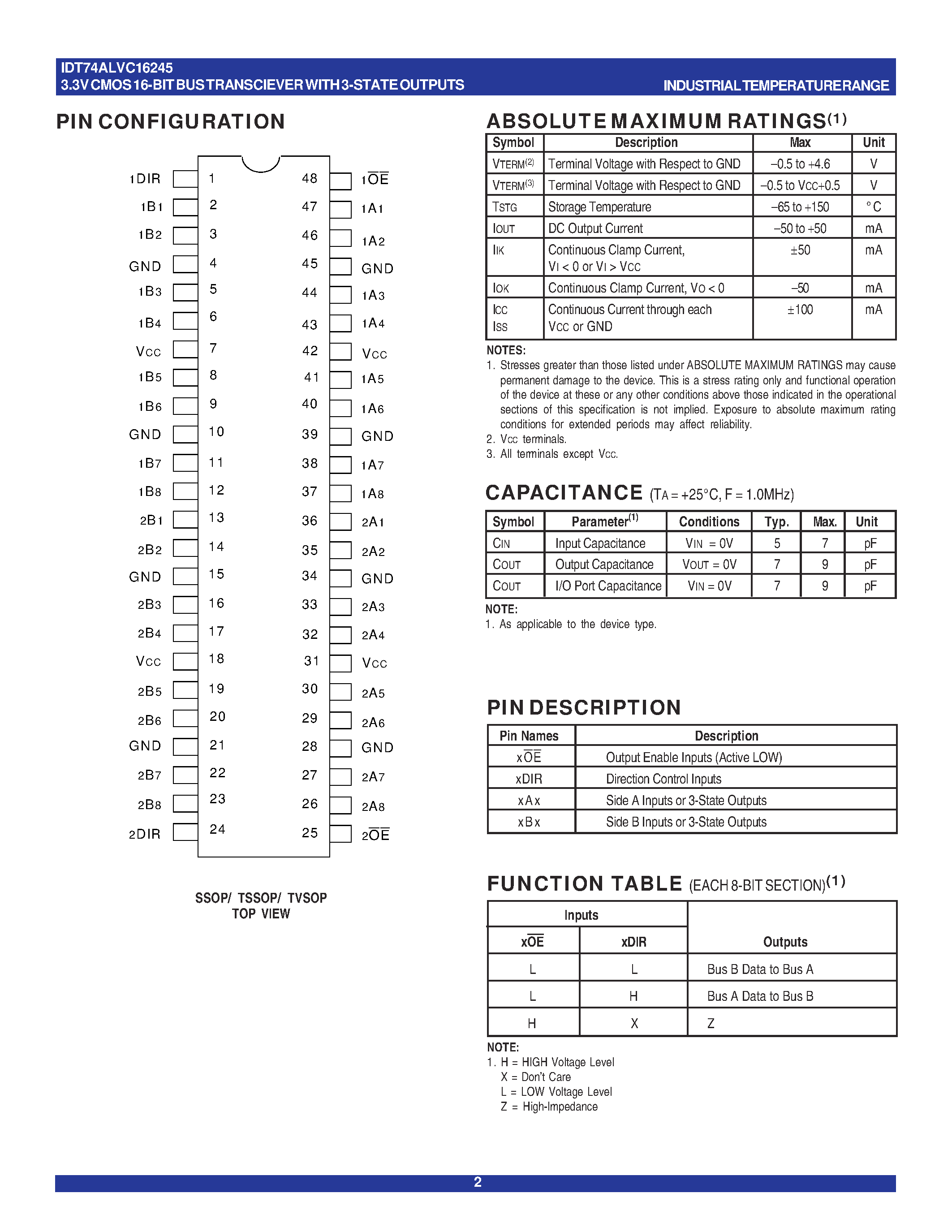Datasheet IDT74ALVC16245 - 3.3V CMOS 16-BIT BUS TRANSCEIVER WITH 3-STATE OUTPUTS page 2