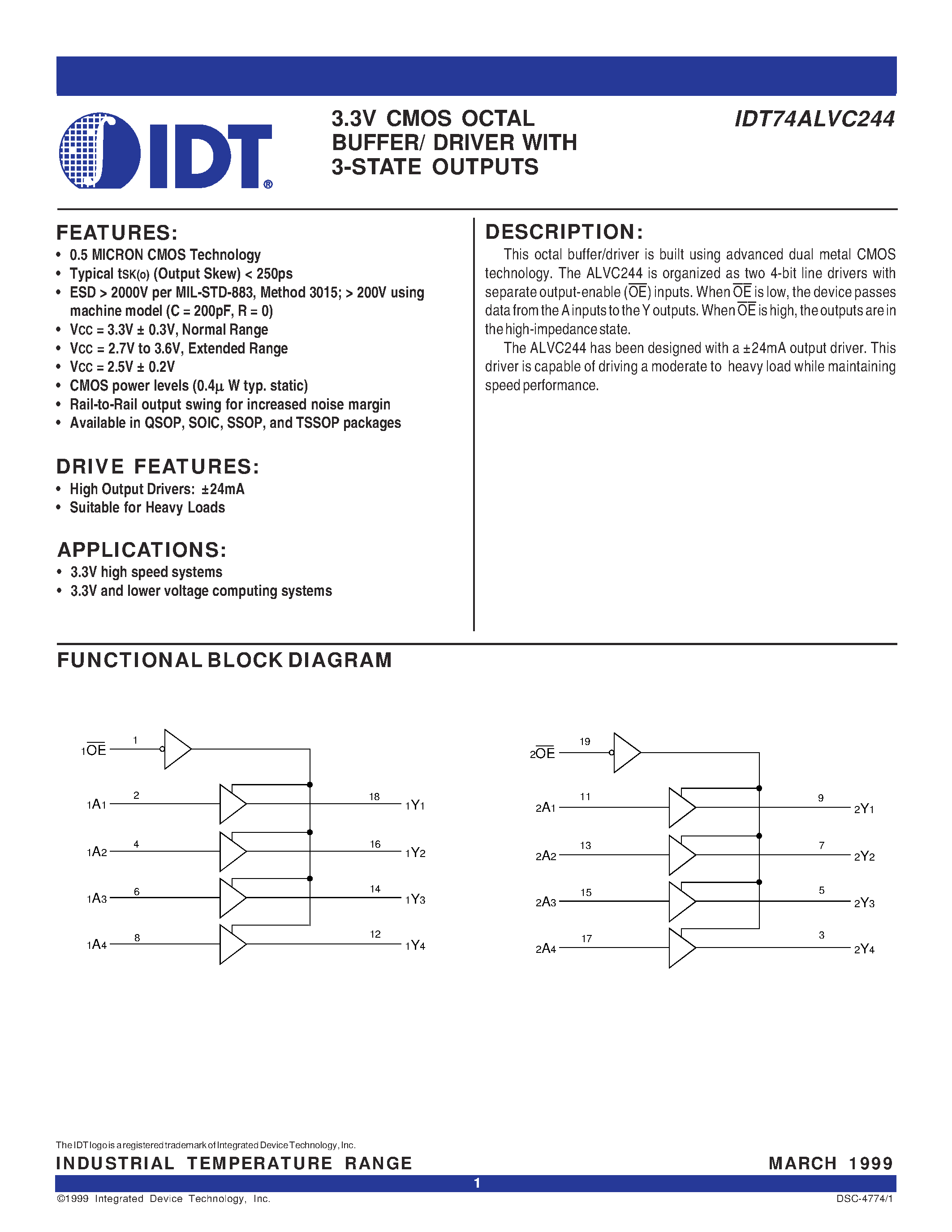 Datasheet IDT74ALVC244PY - 3.3V CMOS OCTAL BUFFER/ DRIVER WITH 3-STATE OUTPUTS page 1