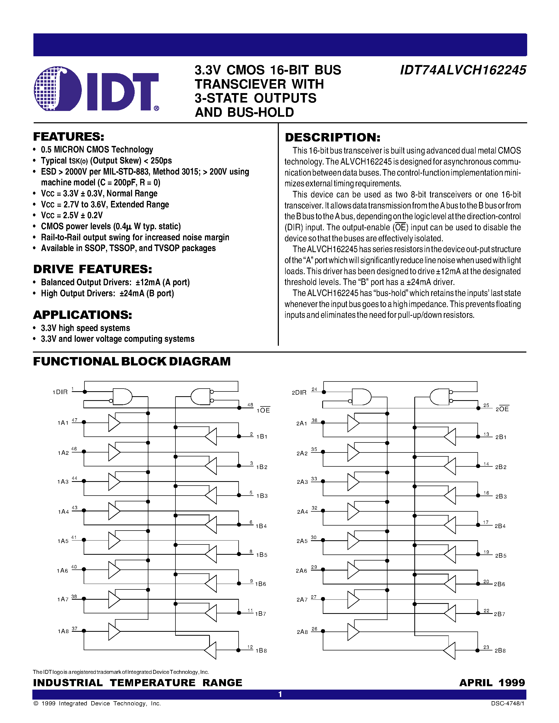 Datasheet IDT74ALVCH162245 - 3.3V CMOS 16-BIT BUS TRANSCIEVER WITH 3-STATE OUTPUTS AND BUS-HOLD page 1