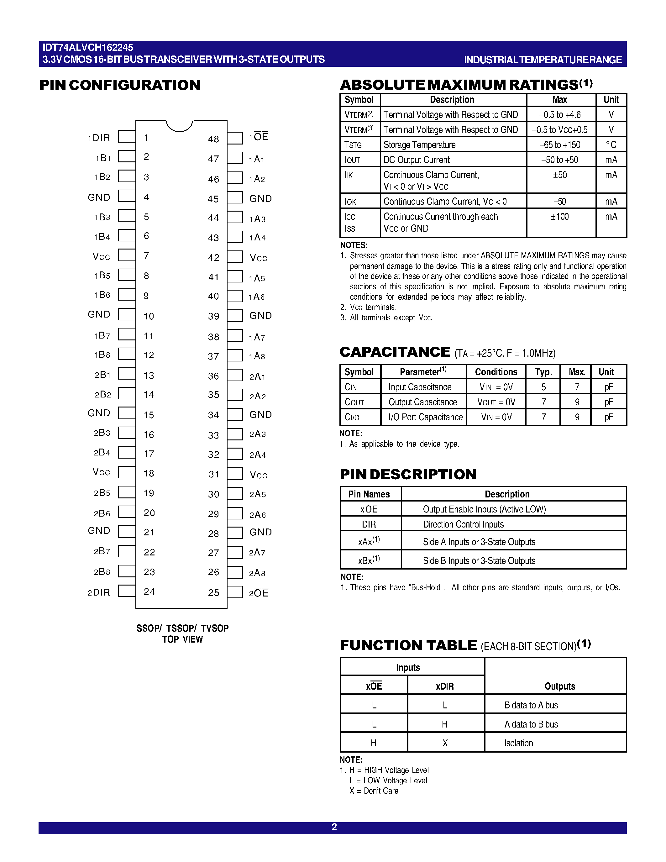 Datasheet IDT74ALVCH162245 - 3.3V CMOS 16-BIT BUS TRANSCIEVER WITH 3-STATE OUTPUTS AND BUS-HOLD page 2
