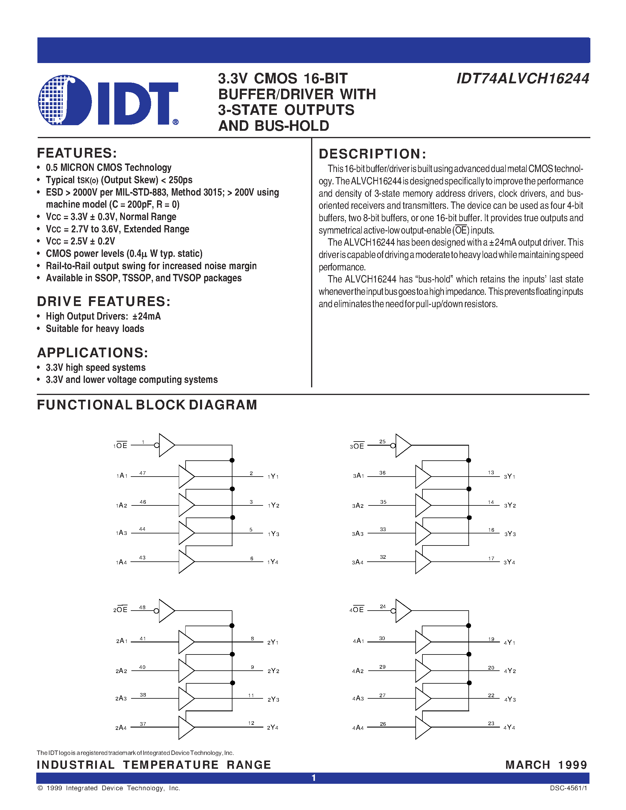 Datasheet IDT74ALVCH16244 - 3.3V CMOS 16-BIT BUFFER/DRIVER WITH 3-STATE OUTPUTS AND BUS-HOLD page 1
