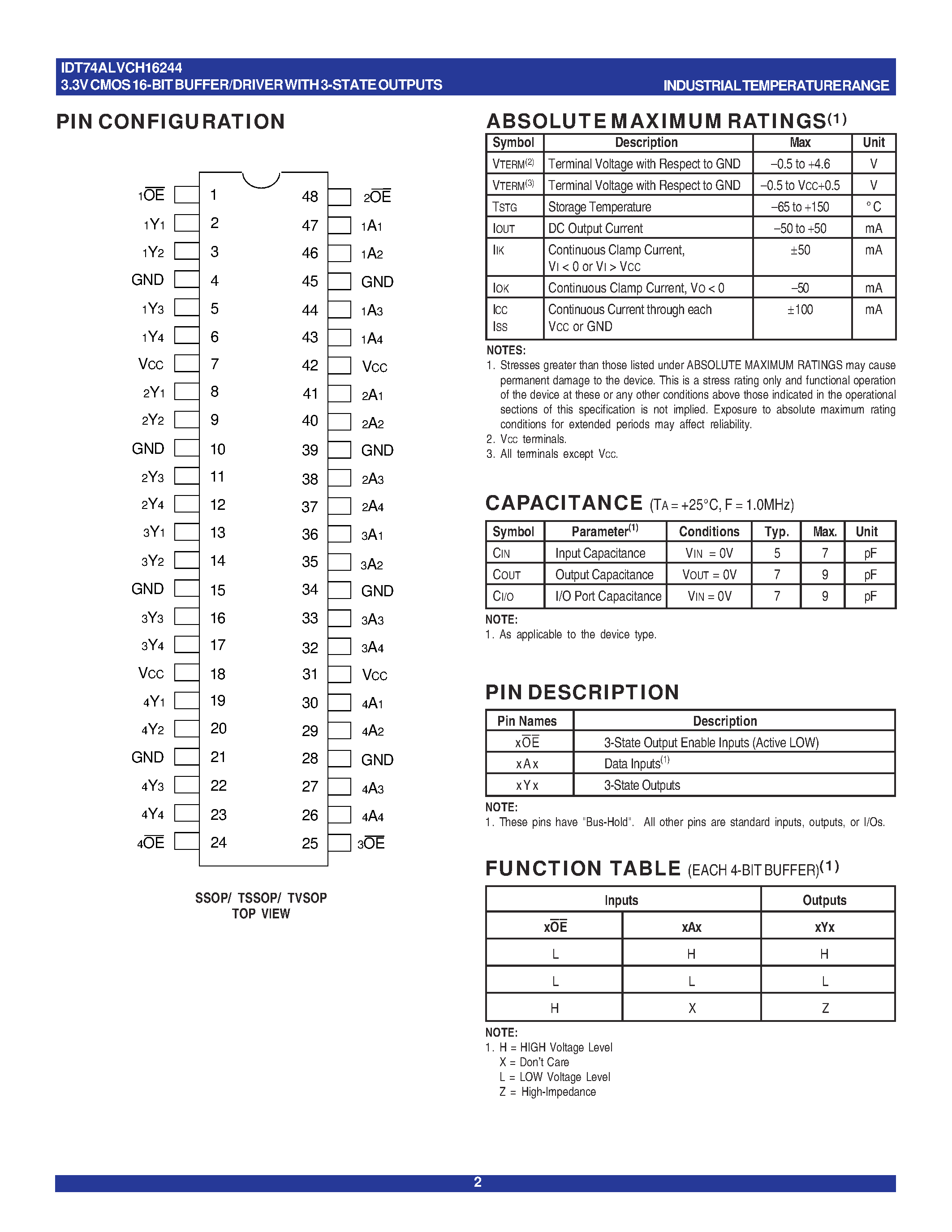 Datasheet IDT74ALVCH16244 - 3.3V CMOS 16-BIT BUFFER/DRIVER WITH 3-STATE OUTPUTS AND BUS-HOLD page 2