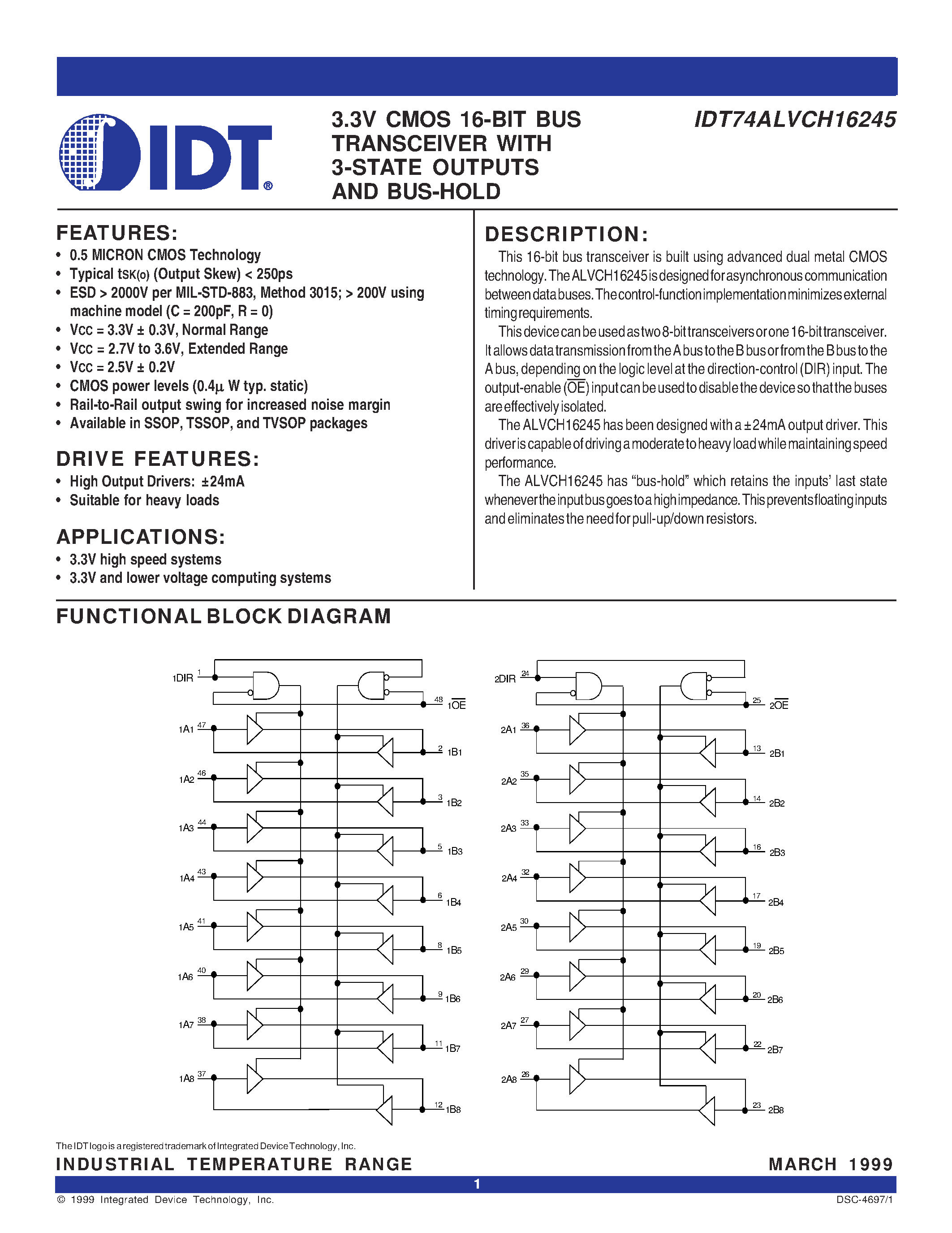 Datasheet IDT74ALVCH16245 - 3.3V CMOS 16-BIT BUS TRANSCEIVER WITH 3-STATE OUTPUTS AND BUS-HOLD page 1